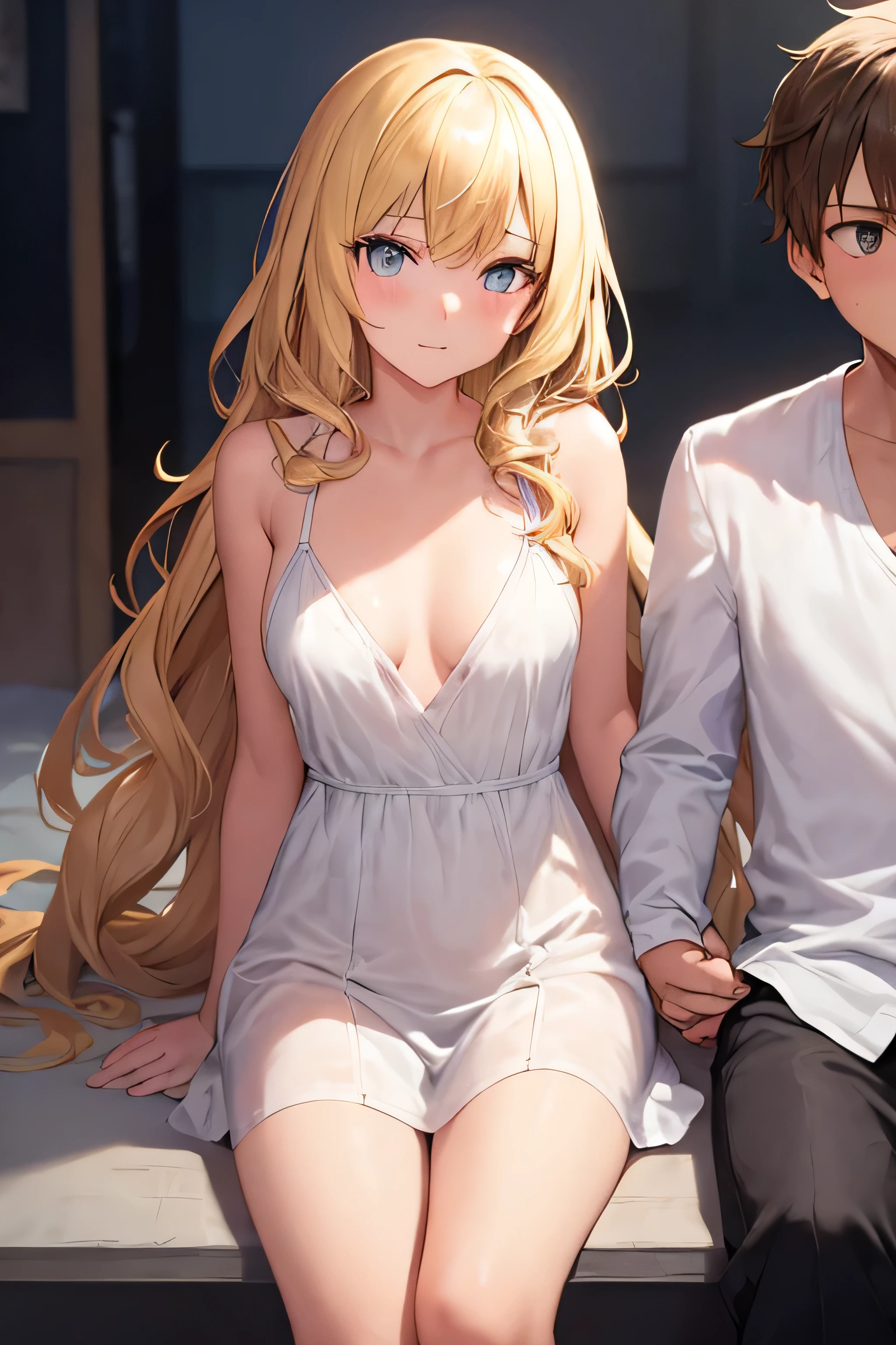 One girl with blonde hair looking at the boy by her side,one boy with wavy middle part looking somehwhere else while the girl is watching him. Small breast, looking at each other