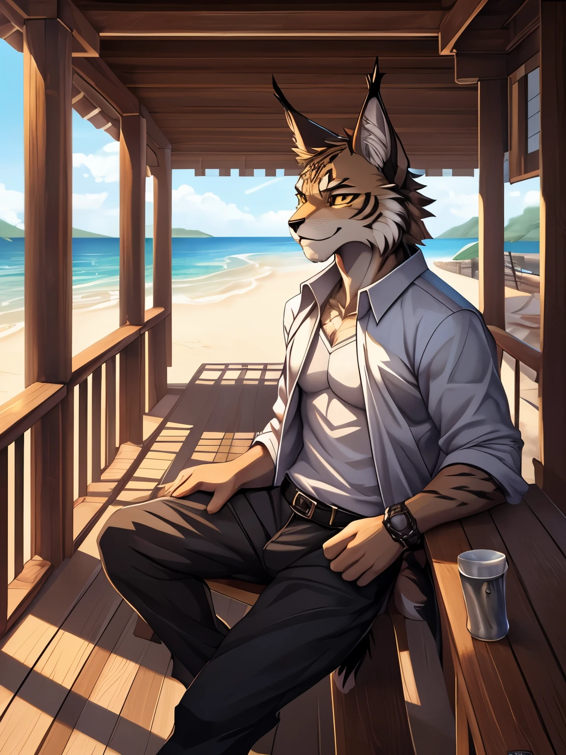 (posted on e621 by Yang J art style), furry, male, Lynx anthro, (Lynx Tail), Solo, yellow eyes, (Realistic eye details:1.2), (beautiful detailed eyes), anime characters undershirt, wearing beach pants, sitting on a porch, from cryptid academia, commission for high res, detailed fanart, zerochan art, pov furry art, very very beautiful furry art, full res, dnd fantsay art, highly detailed exquisite fanart, furry fantasy art, anthro art, dnd commission, dnd , high quality dnd illustration, furry art!!!, slim body, full body like, in a panoramic view, good looking