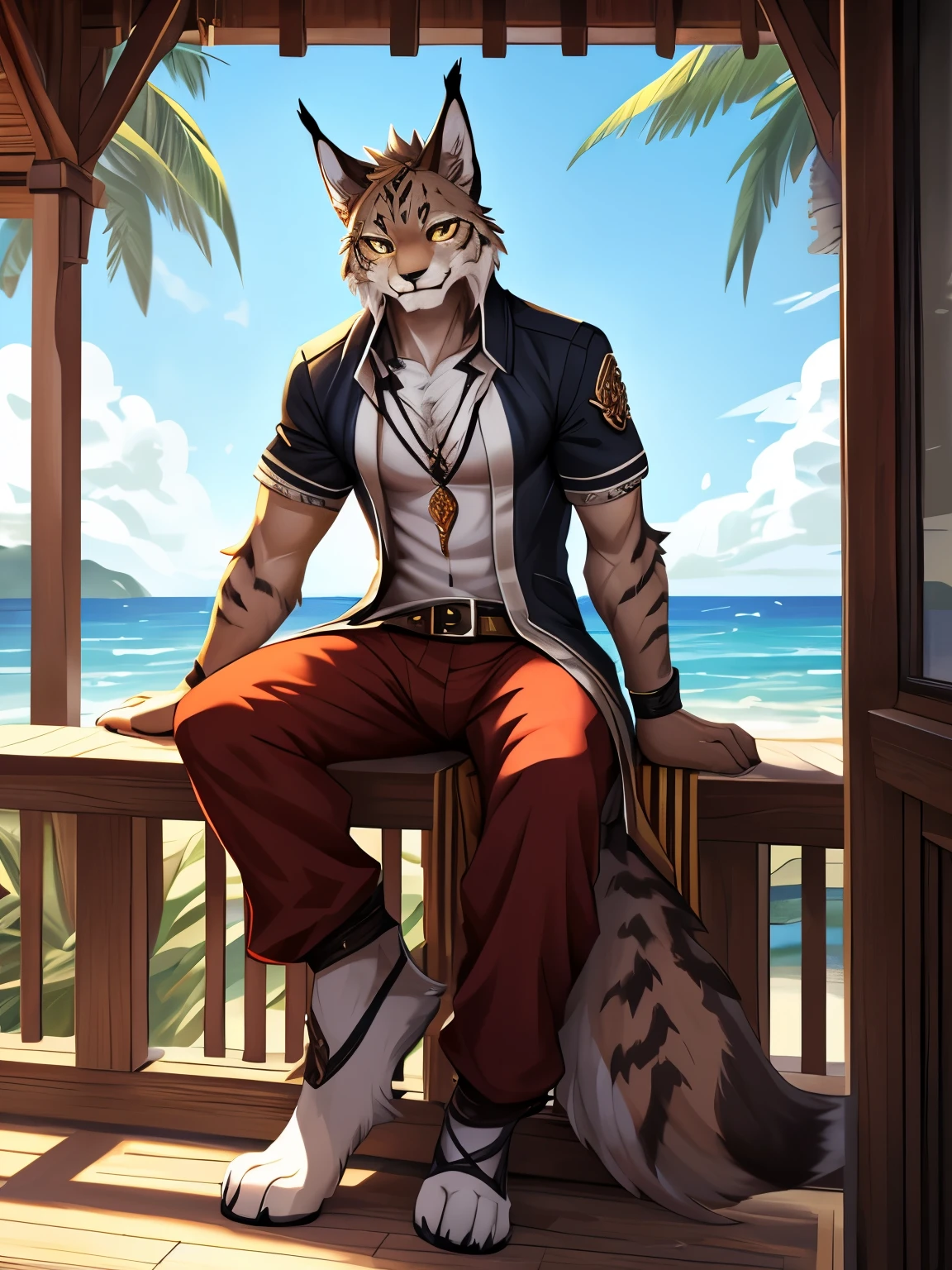 (posted on e621 by Yang J art style), furry, male, Lynx anthro, (Lynx Tail), Solo, yellow eyes, (Realistic eye details:1.2), (beautiful detailed eyes), anime characters undershirt, wearing beach pants, sitting on a porch, from cryptid academia, commission for high res, detailed fanart, zerochan art, pov furry art, very very beautiful furry art, full res, dnd fantsay art, highly detailed exquisite fanart, furry fantasy art, anthro art, dnd commission, dnd , high quality dnd illustration, furry art!!!, slim body, full body like, in a panoramic view, good looking