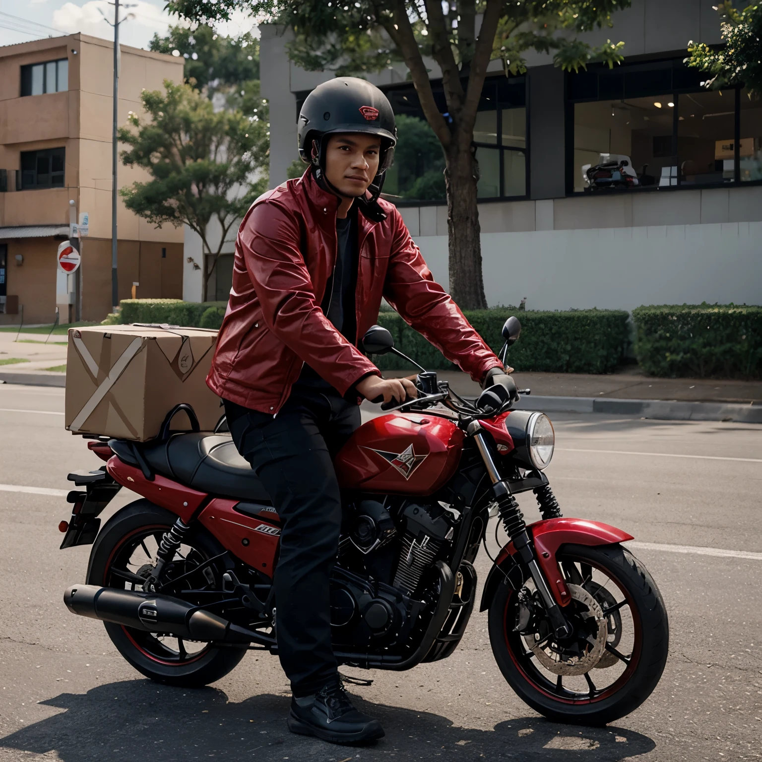 a package courier wearing a red jacket using a black Vega Zr motorbike full of packages