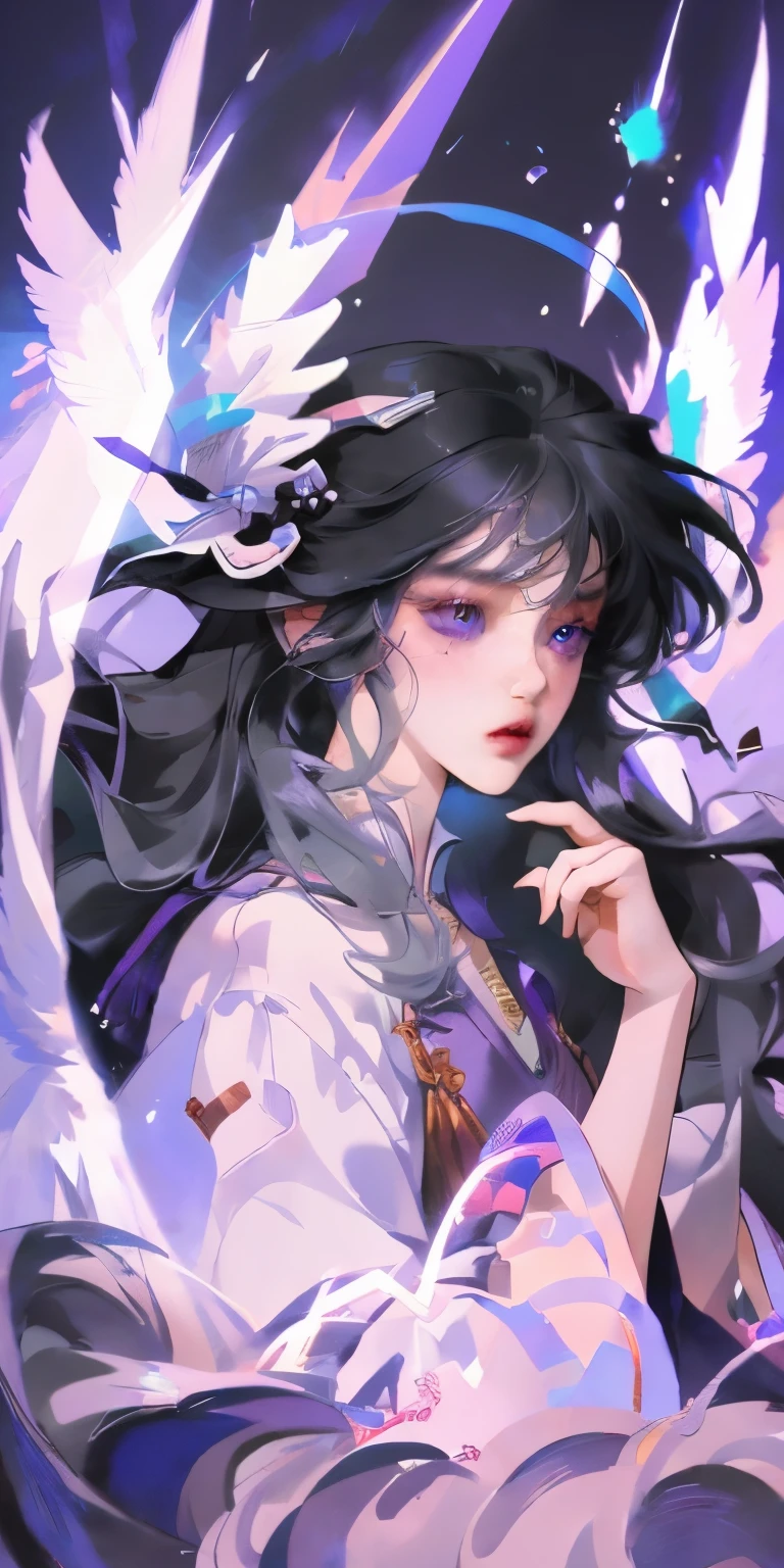 (Daisaku),(need),(super detailed),1girll(black hair)(white wings)(purple dress)animemanga girl,Super detailed eyes,(((make up)),(best lighting,Extremely refined and beautiful)Guviz,Beautiful fantasy anime,Guviz style artwork,Detailed digital animation art,gothic shoujo anime girl,8K high-quality detailed art,guweiz masterpiece,beautiful anime girl(beautiful detailed face),(美丽詳細な目)