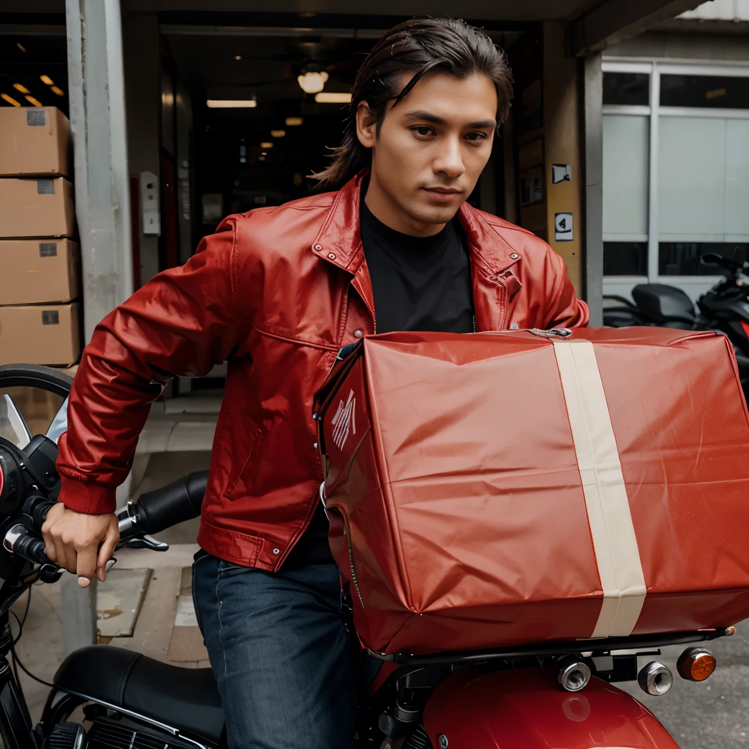 a package courier wearing a red jacket using a black Vega Zr motorbike full of packages