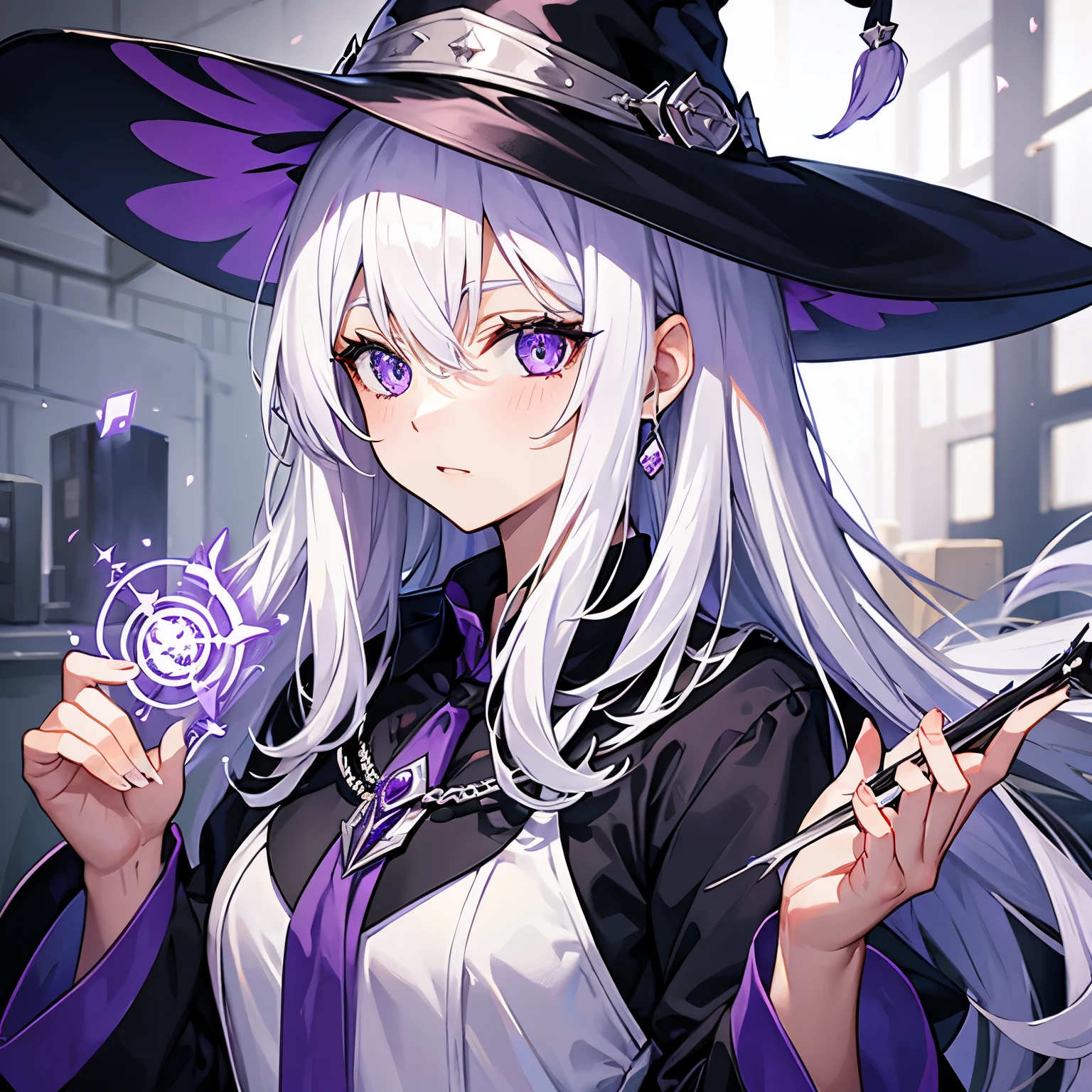 Witch magician white hair purple pupil young woman
