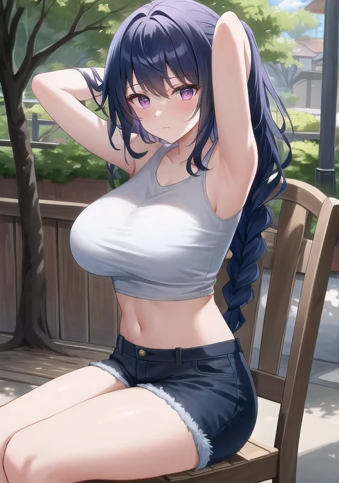 (masterpiece, best quality, super detailed), General Thunder \(Genshin Impact\), (dark blue hair), double tail, long hair, Scan your bangs, braid, braided bangs, purple eyes, pink eyes,
(wearing a t-shirt:1.2), Sit in a chair outside the café, Embrace the beauty of nature, Sunlight, Beautiful cloudy sky, City, street, Denim shorts, black stockings,
big breasts, Thick thighs, critical angle, cowboy shooting, Put your arms behind your head, Put your arms behind your back, armpit, faint smile, crop top, Strong and seductive expression,,
