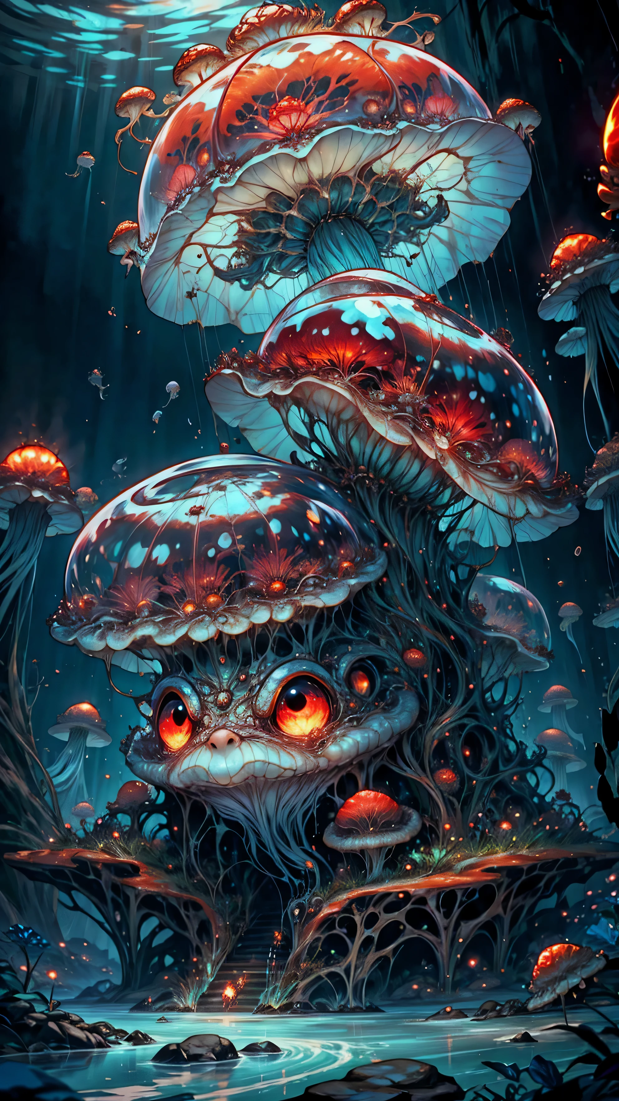 lava toad jellyfish,Combination of red toad and jellyfish,Jellyfish structure,Fire red toad,Dynamic,HD,Ultra-clear