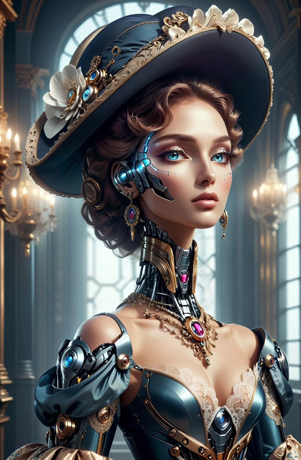 (best quality,realistic:1.2),GeorgianStyle,cyborg woman with large hat,metal dress,bare shoulders,elaborate detailed hat,luxurious fabric,multiple layers of metal and fabric,flowing drapery,ornate shoulder pads,exquisite metal embellishments,metallic sheen,impeccable craftsmanship,silver and gold accents,intricate lacework,sparkling gemstones,elaborate embroidery,meticulous attention to detail,eye-catching silhouette,dynamic pose,confident expression,glowing cybernetic eyes,sleek metallic skin,cyborg enhancements blending with human features,seamless fusion of technology and beauty,imposing presence,graceful movements,mesmerizing aura,regal and futuristic atmosphere,vibrant color palette,rich jewel tones,elegant lighting,soft shadows,subtle highlights,emphasizing the intricate details,contrasting textures and materials,dramatic chiaroscuro effect,romantic and mysterious ambience.