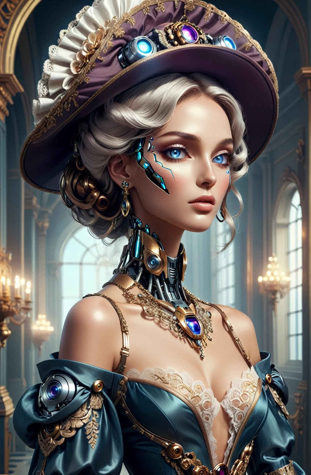 (best quality,realistic:1.2),GeorgianStyle,cyborg woman with large hat,metal dress,bare shoulders,elaborate detailed hat,luxurious fabric,multiple layers of metal and fabric,flowing drapery,ornate shoulder pads,exquisite metal embellishments,metallic sheen,impeccable craftsmanship,silver and gold accents,intricate lacework,sparkling gemstones,elaborate embroidery,meticulous attention to detail,eye-catching silhouette,dynamic pose,confident expression,glowing cybernetic eyes,sleek metallic skin,cyborg enhancements blending with human features,seamless fusion of technology and beauty,imposing presence,graceful movements,mesmerizing aura,regal and futuristic atmosphere,vibrant color palette,rich jewel tones,elegant lighting,soft shadows,subtle highlights,emphasizing the intricate details,contrasting textures and materials,dramatic chiaroscuro effect,romantic and mysterious ambience.