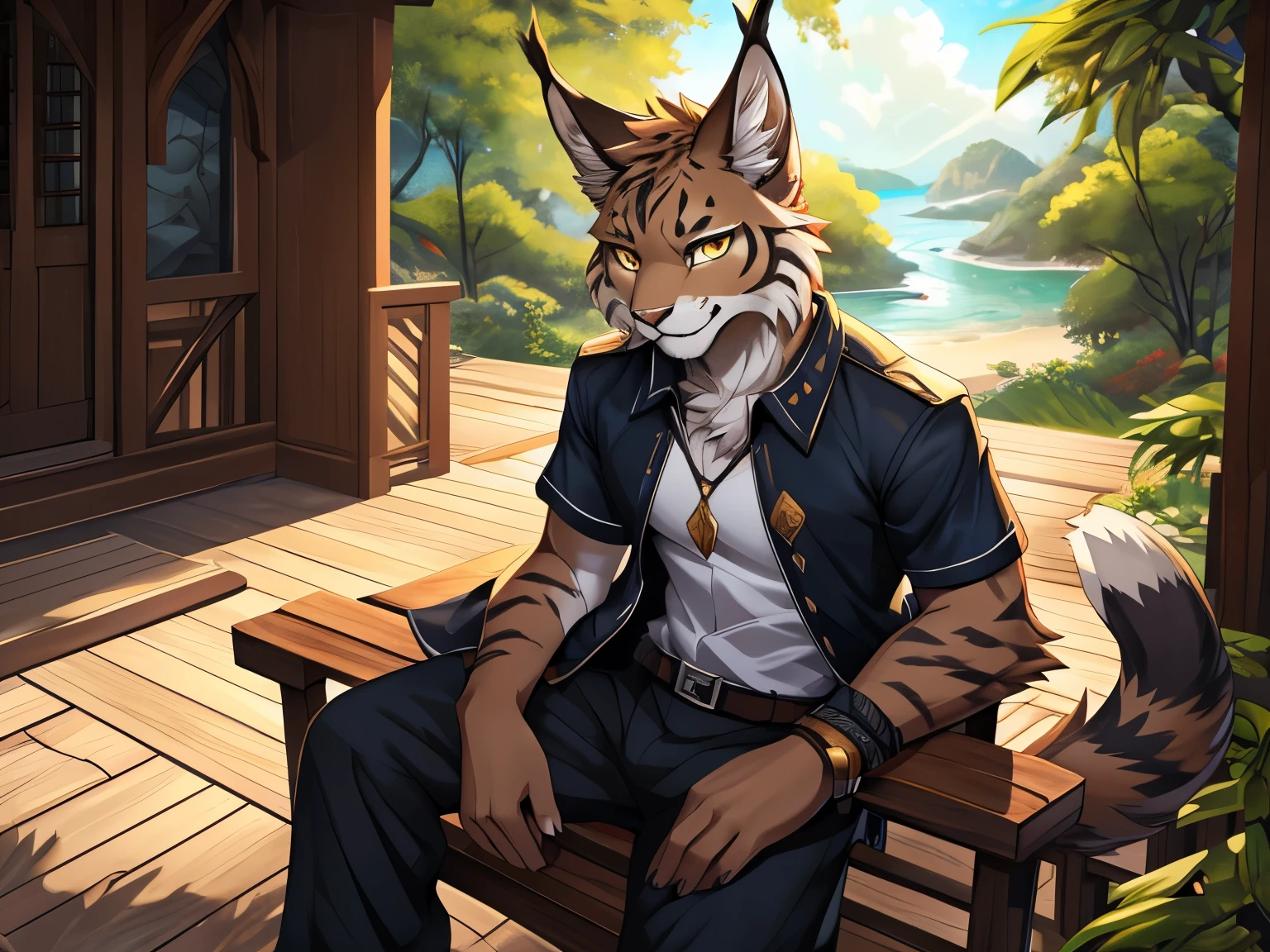 (posted on e621 by Yang J art style), furry, male, Lynx anthro, (Lynx Tail), Solo, yellow eyes, (Realistic eye details:1.2), (beautiful detailed eyes), anime characters undershirt, wearing beach pants, sitting on a porch, from cryptid academia, commission for high res, detailed fanart, zerochan art, pov furry art, very very beautiful furry art, full res, dnd fantsay art, highly detailed exquisite fanart, furry fantasy art, anthro art, dnd commission, dnd , high quality dnd illustration, furry art!!!, slim body, full body like, in a panoramic view, good looking