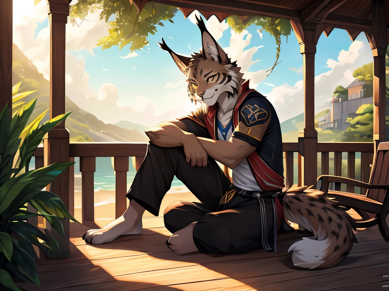 (posted on e621 by Yang J art style), furry, male, Lynx anthro, (Lynx Tail), Solo, yellow eyes, (Realistic eye details:1.2), (beautiful detailed eyes), anime characters undershirt, wearing beach pants, sitting on a porch, from cryptid academia, commission for high res, detailed fanart, zerochan art, pov furry art, very very beautiful furry art, full res, dnd fantsay art, highly detailed exquisite fanart, furry fantasy art, anthro art, dnd commission, dnd , high quality dnd illustration, furry art!!!, slim body, full body like, in a panoramic view, good looking 