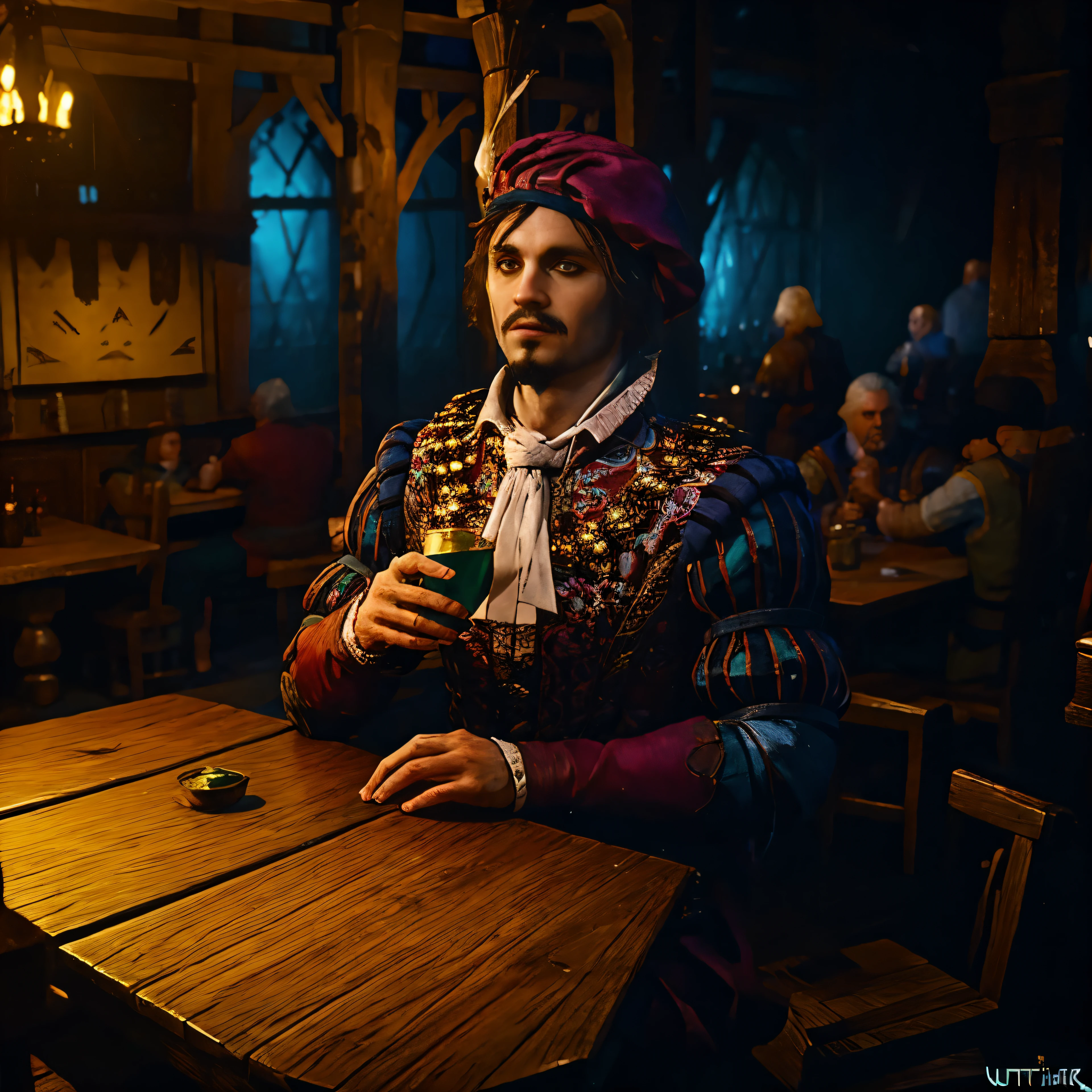 Dandelion from witcher, drinking in tavern, action shot, cinematic portrait, soft light
