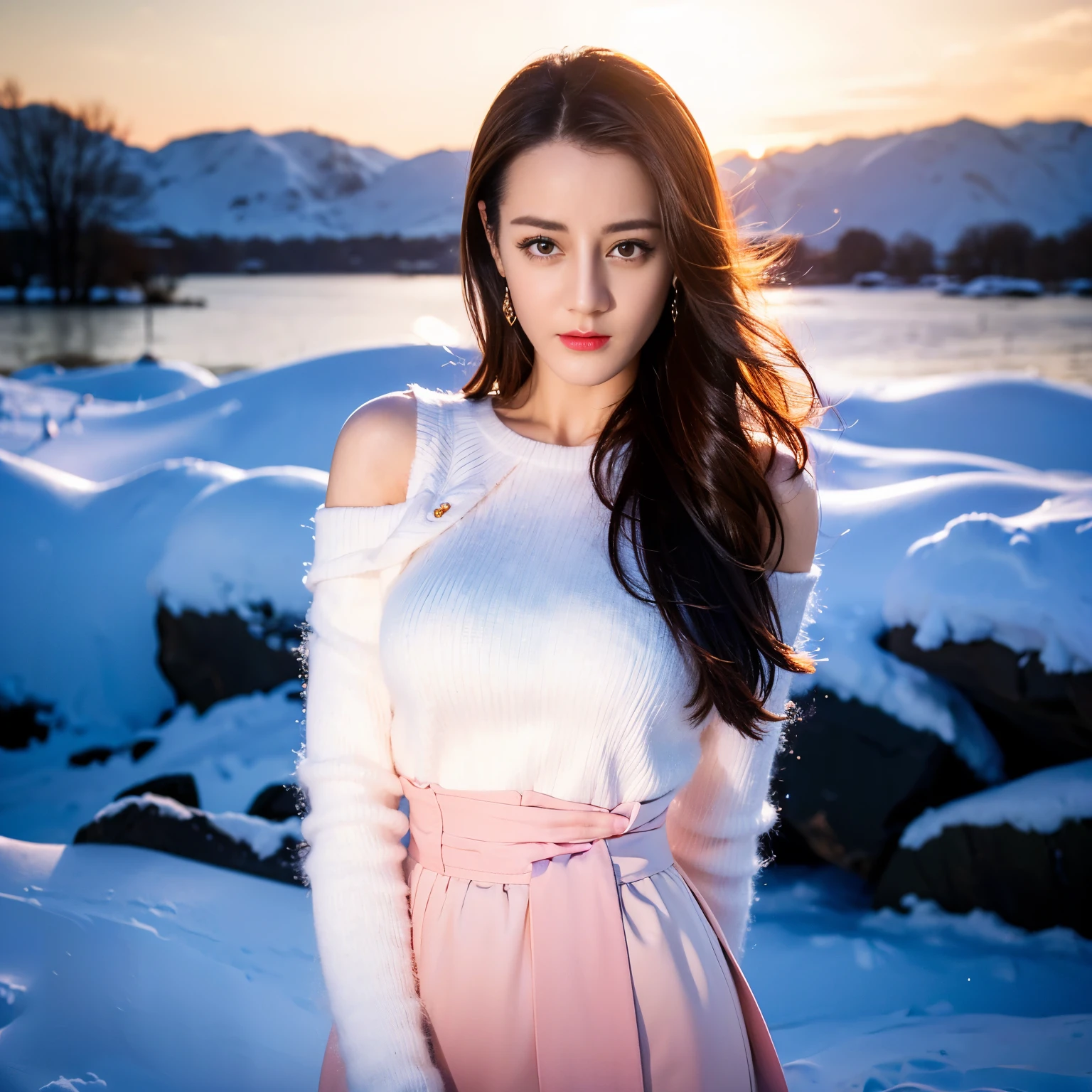((top quality、8k、Masterpiece:1.3))、Extremely delicate and beautiful girl,full-body shot,huge breasts,bigger breasts,amazing breast size,G cup。Wear big earrings,Very white skin,moist red lips,Waist is very thin,Thighs are very thin,big butt,fair and smooth skin,Smooth and fair skin,flawless skin,Fair and shiny skin,cold white skin,The camera focuses on the chest,Bright light,white sweater,Lower body exposed,bare shoulders,light pink hair,The hair is light pink,heavy snow,snow mountain,sunset,lake