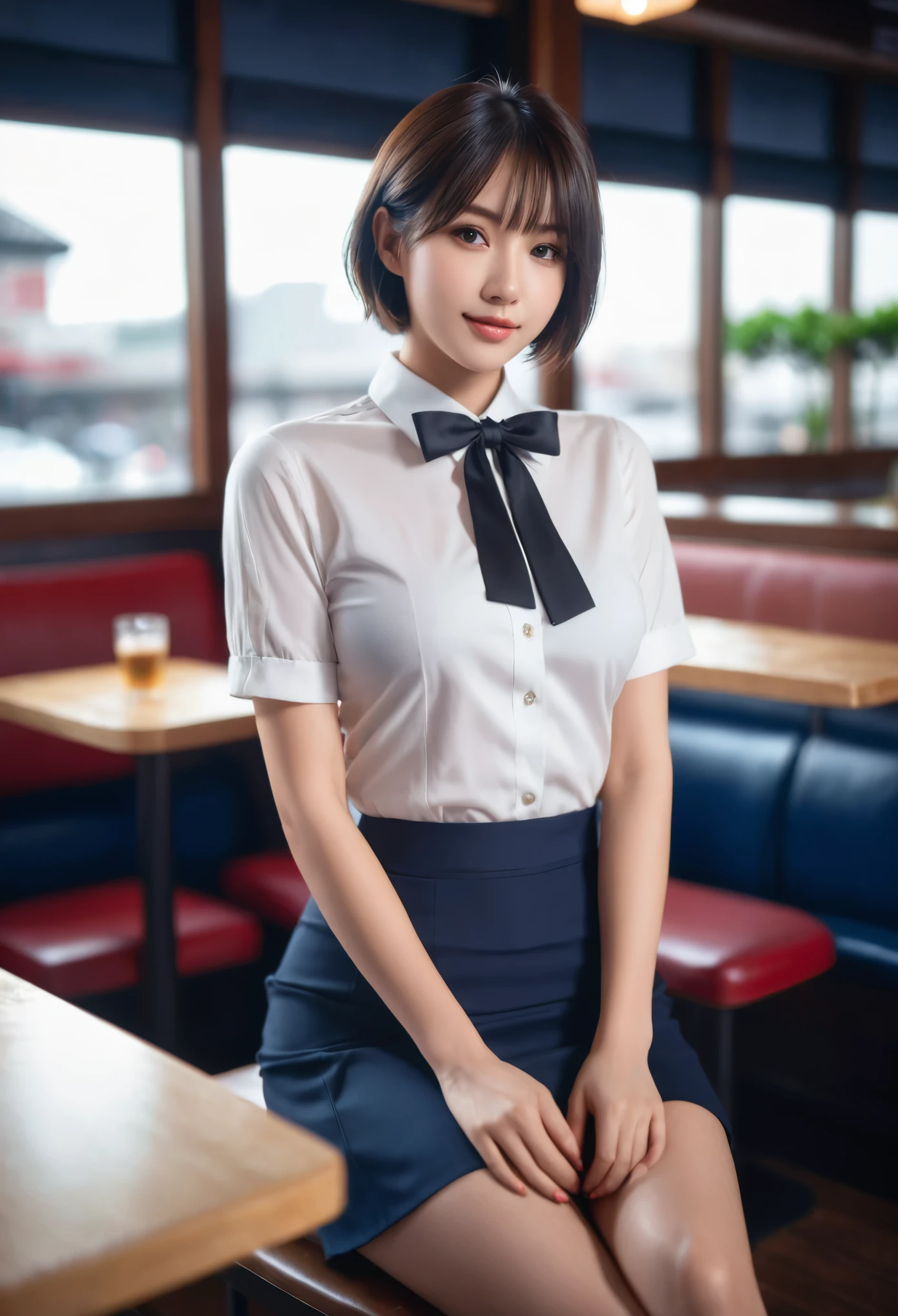 (8k, RAW photo, best quality, masterpiece:1.2), (realistic, photo-realistic:1.37), ultra-detailed,
1 girl,cute, solo,beautiful detailed sky,detailed cafe,night,sitting,dating,(nose blush),(smile:1.1),(closed mouth),large breasts, seductive smile, large aparture, professional lighting, Sony A7R4, Zessie 50mm F1.8,
medium breasts,beautiful detailed eyes,(collared shirt:1.1), bowtie,pleated skirt,(short hair:1.2),floating hair 