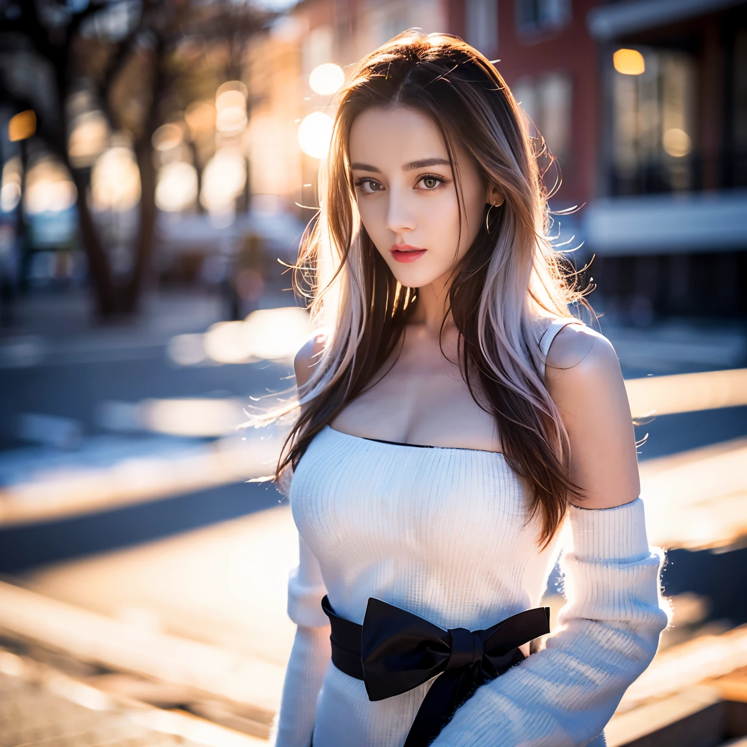 ((top quality、8k、​Masterpiece:1.3))、Extremely delicate and beautiful girl，full-body shot，huge breasts，bigger breasts，amazing breast size，G cup。Wear big earrings，Very white skin，moist red lips，Waist is very thin，Thighs are very thin，big butt，fair and smooth skin，Smooth and fair skin，flawless skin，Fair and shiny skin，cold white skin，The camera focuses on the chest，Bright light，white sweater，Lower body exposed，bare shoulders，light pink hair，The hair is light pink，heavy snow，snow mountain，sunset，lake