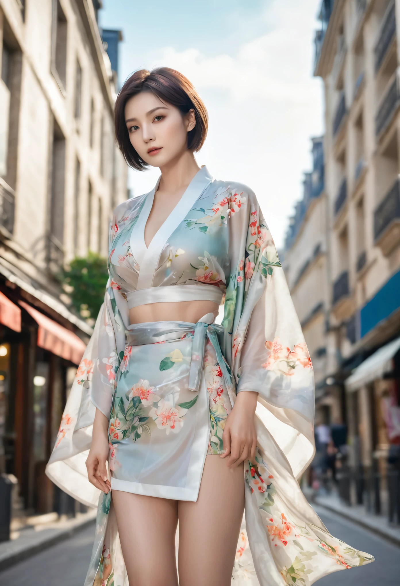 (top quality, 16K, masterpiece: 1.3)), 1 girl, sharp focus: 1.2, Beautiful woman with perfect figure: 1.4, slim abs: 1.2, (((bob short hair)), ((small: 1.4)), ((beautiful face idol: 1.3)), (Transparent fabric kimono 1.5)), Highly detailed facial and skin textures, delicate eyes, double eyelids, (((pause)), (Tempting)), walk, paris cityscape, low angle, Shot from below