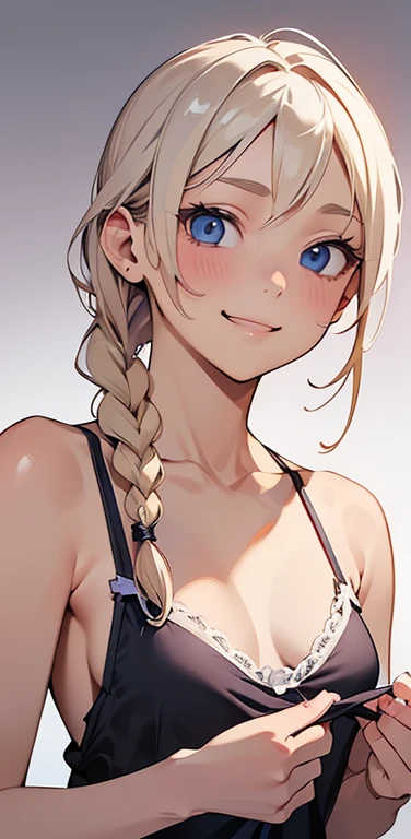 Realistic、1house wife、blonde hair、braid、blue eyes、(eye focus:1.3,face focus,upper body),(gradient eyes:1.3),(camisole　sexy　panties
)、(forced smile:1.3),single braid,cute face、(tareme:1.3),(small breasts:1.3),