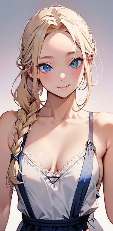 Realistic、1house wife、blonde hair、braid、blue eyes、(eye focus:1.3,face focus,upper body),(gradient eyes:1.3),(camisole　sexy　panties
)、(forced smile:1.3),single braid,cute face、(tareme:1.3),(small breasts:1.3),