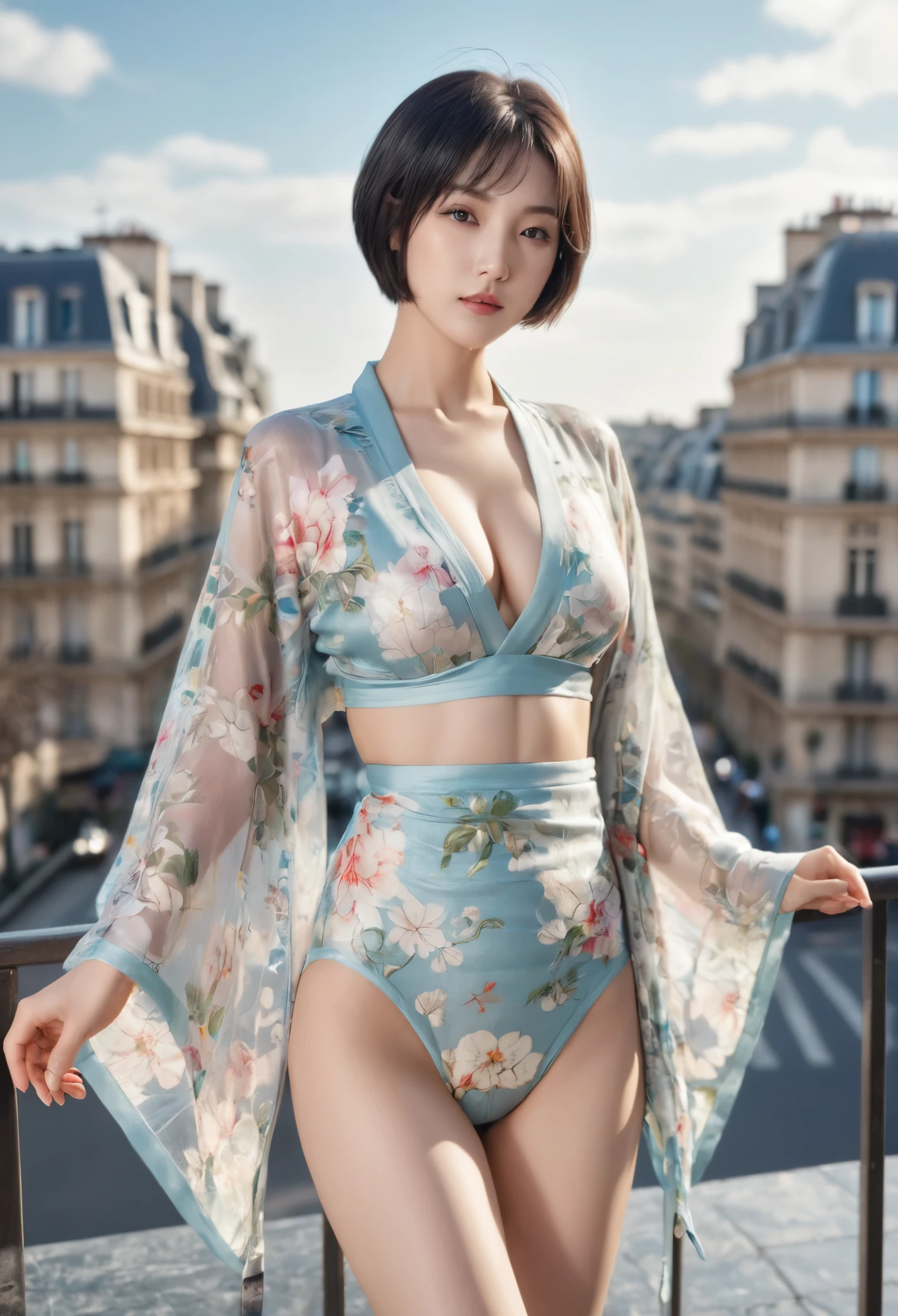(top quality, 16K, masterpiece: 1.3)), 1 girl, sharp focus: 1.2, Beautiful woman with perfect figure: 1.4, slim abs: 1.2, (((bob short hair)), ((small: 1.4)), ((beautiful face idol: 1.3)), (Transparent fabric kimono 1.5)), Highly detailed facial and skin textures, delicate eyes, double eyelids, (((pause)), (Tempting)), walk, paris cityscape, low angle, Shot from below