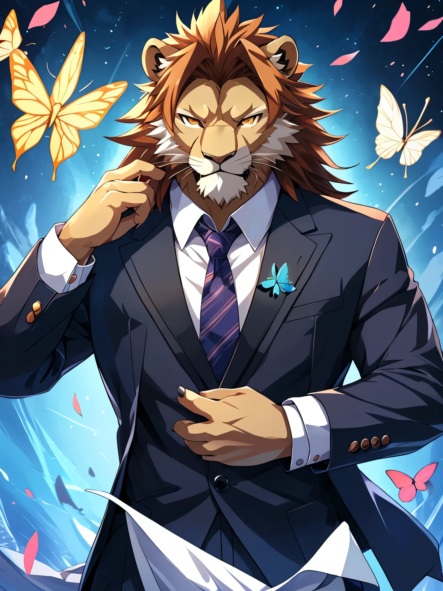 anime character with a butterfly in his hand and a suit on, from cryptid academia, commission for high res, pixiv, detailed fanart, as an anthropomorphic Lion, anthro Lion art, at pixiv, but as an anthropomorphic Lion, koda kazuma, top rated on pixiv, pixiv contest winner
