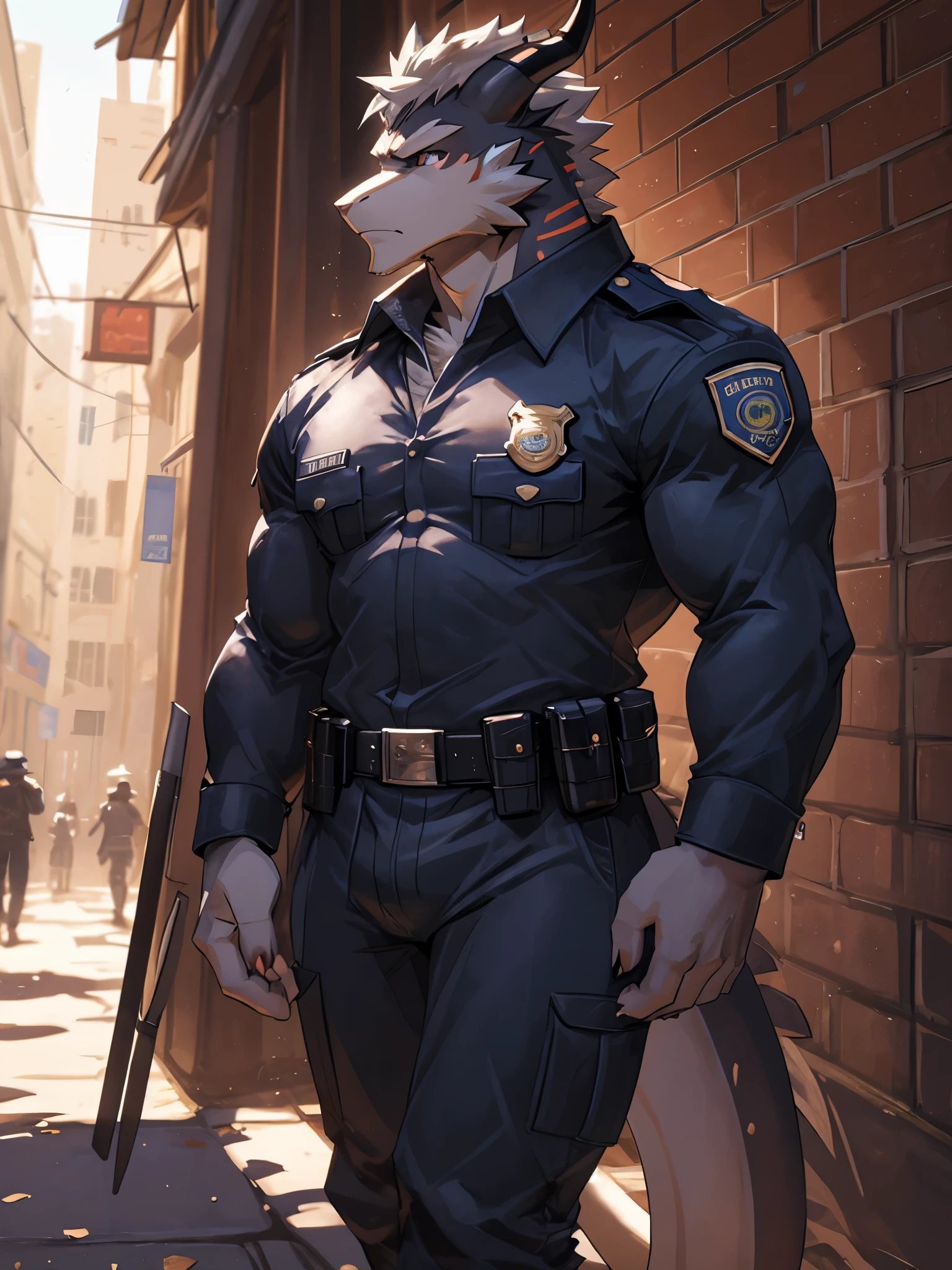 masterpiece, Anthropomorphic black dragon, white belly,There is a pair of beautiful dragon horns, black dragon scales,1 tail, very muscular body, nice, Wear police uniform,standing on the street