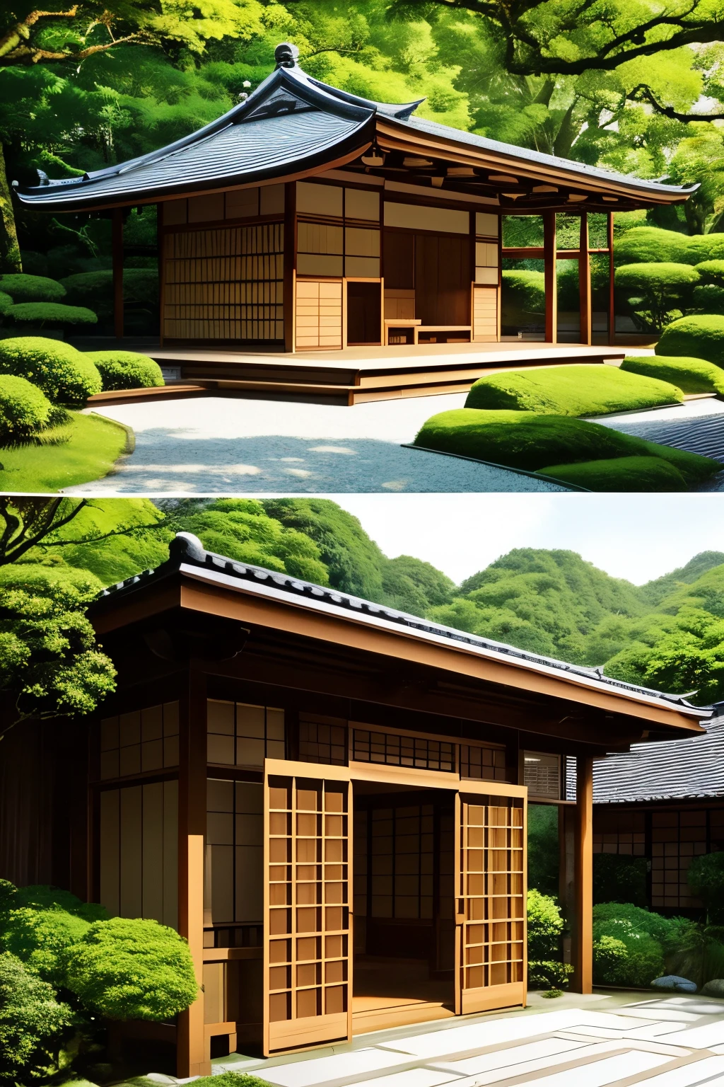 Draw a serene teahouse nestled in a lush, verdant garden, surrounded by the soothing sounds of nature. The teahouse is built in a traditional Japanese style, with clean lines and simple elegance. Wooden structures painted in warm, earthy tones contrast against the vibrant greenery.
The teahouse is a single-story building, with a tiled roof sloping gently down towards the ground. Thin, vertical lines adorn the exterior walls, creating a sense of harmony and balance. Stepping stones lead the way from the garden to the tea room's entrance.
Upon entering, guests are greeted by the warm and inviting ambiance. The tea room