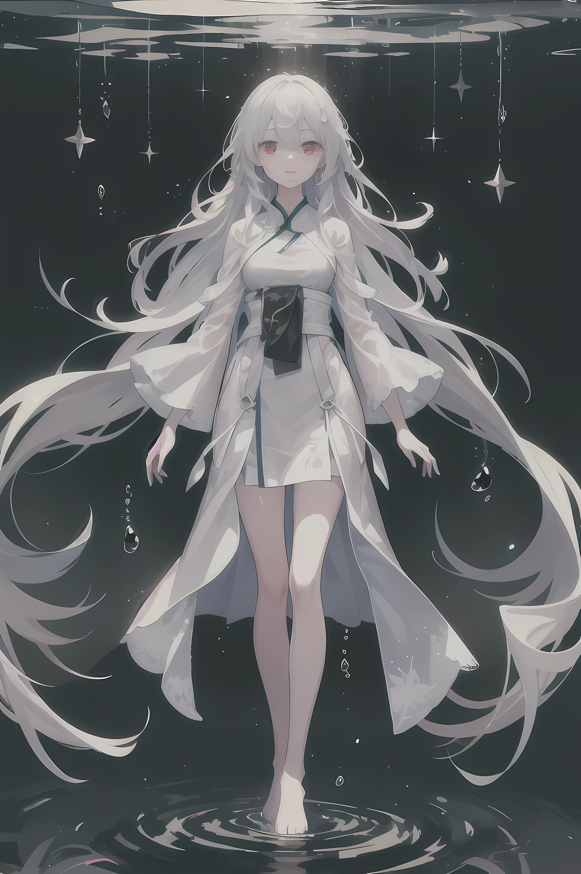 Dreamy beautiful moonlight in dark forest。View of a 15-year-old girl from above。(wet silver hair and red eyes)。smile slightly。She only wore a long transparent white cloth，It has beautiful lace trim on it。Soak the cloth in water。(splashing in the dark forest lake at night)。(Hair or clothes are wet)。splash。Wet hair。Dripping water droplets。梦幻般的萤火虫在空中float、Light also reflects from water。near method and far method。glitter effects。Dynamic composition with depth。extremely high quality、high level of image quality、extremely refined。Rare workmanship，round,Room, Strong breasts），barefoot，float，water surface，（long legs，long legs，long legs，Gestalt），full-body shot。standing posture