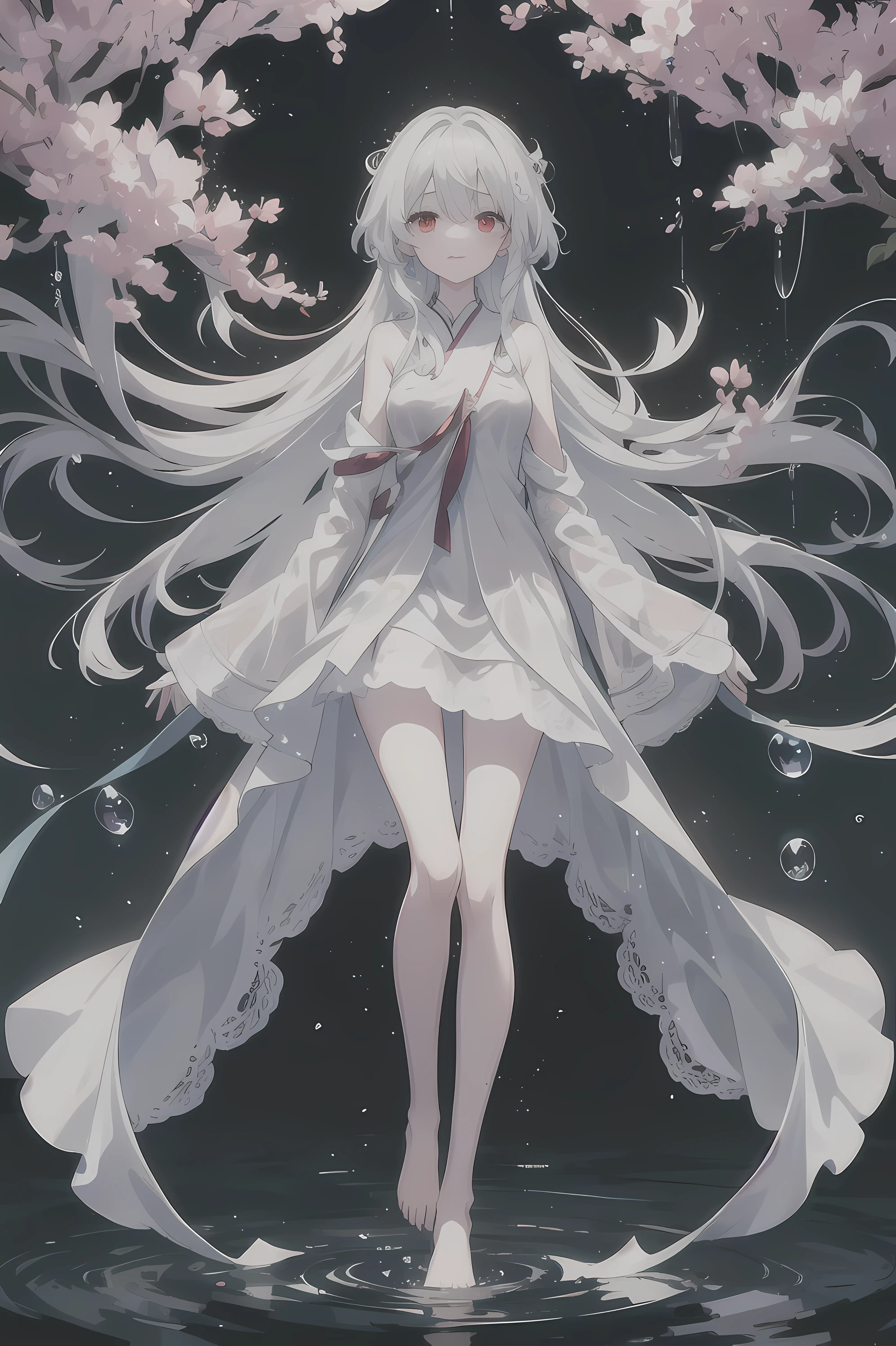 Dreamy beautiful moonlight in dark forest。View of a from above。(wet silver hair and red eyes)。smile slightly。She only wore a long transparent white cloth,It has beautiful lace trim on it。Soak the cloth in water。(splashing in the dark forest lake at night)。(Hair or clothes are wet)。splash。Wet hair。Dripping water droplets。梦幻般的萤火虫在空中float、Light also reflects from water。near method and far method。glitter effects。Dynamic composition with depth。extremely high quality、high level of image quality、extremely refined。Rare workmanship,round,Room, Strong breasts),barefoot,float,water surface,(long legs,long legs,long legs,Gestalt),full-body shot。standing posture