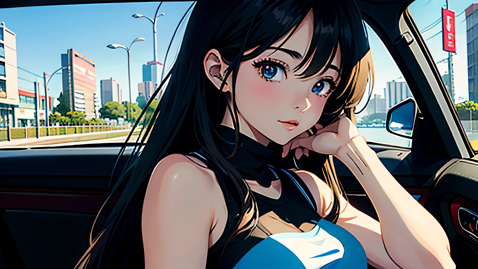 4K, A high resolution, Best quality at best, masterpiece, perfect colors, perfect shadow, perfect litthing, ((sportrait)), Anime girl sitting in car with hand on chin, Anime visuals of cute girls, Seductive Anime Girl, charming anime girls, anime styled, High quality anime art style, Beautiful anime girl, young anime girl, Anime Girl, Anime Girl with Long Hair, tight crop top, big breast, half breast open, background is Tokyo city 80s,  an anime girl, Cute anime girl, face closeup