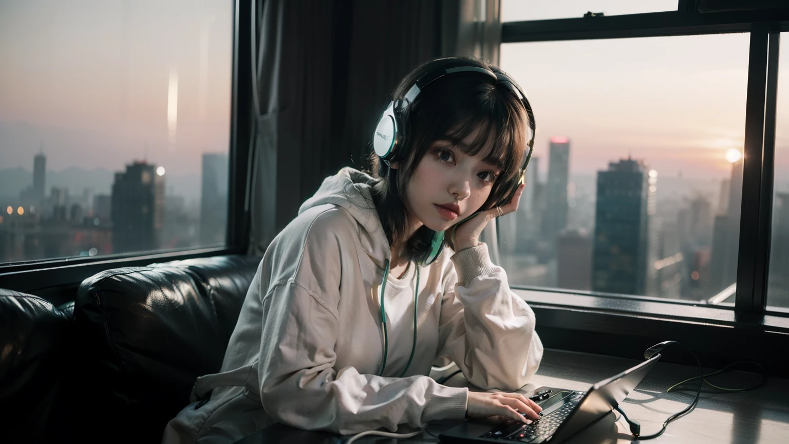 (arafed woman with headphones looking out of a window at night, girl wearing headphones, pink headphones, with headphones, lofi girl, with headphones, lofi portrait at a window, dreamy cyberpunk girl, listen to music, wearing headphones, Headphones On, Cute girl with yellow short hair, white glowing headphones, headphones dj rave, listen to music at 2 am, cyberpunk atmosphere, black and silver and green long sleeve sweatshirt,As you sit in a room high in a skyscraper, the panoramic view of the bustling metropolis tinted by the sunset spreads before you through the full-length windows. The room is filled with dazzling LED lights, and the window frames radiate white, blue, and gold hues.