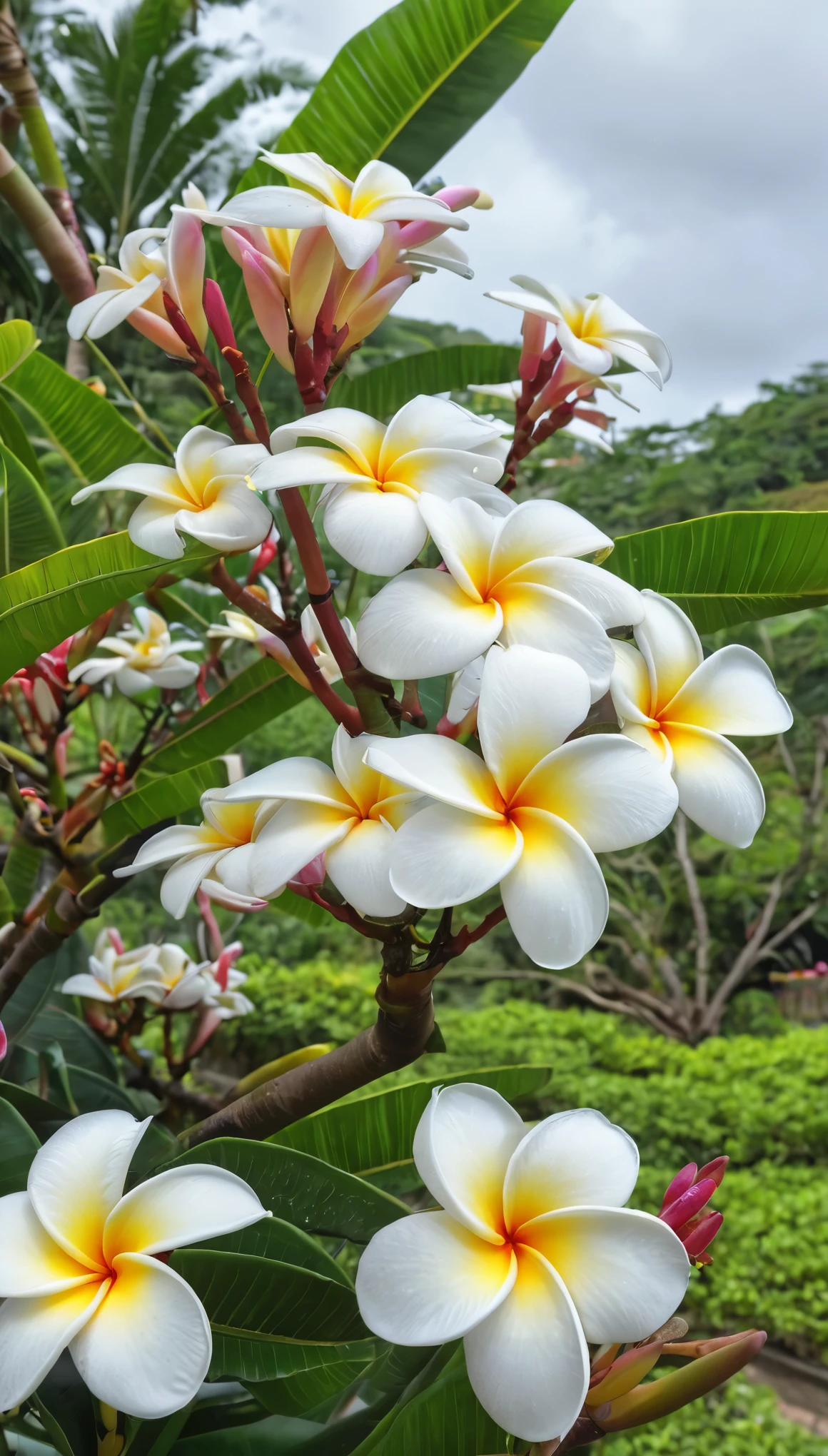 Midday in summer，Cloudy to clear，tropical areas，Vision，Many plumeria flowers，real photos，