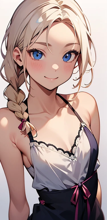 Realistic、1house wife、blonde hair、braid、blue eyes、(eye focus:1.3,face focus,upper body),(gradient eyes:1.3),(camisole　sexy　panties
)、(forced smile:1.3),single braid,cute face、(tareme:1.3),(small breasts:1.3),