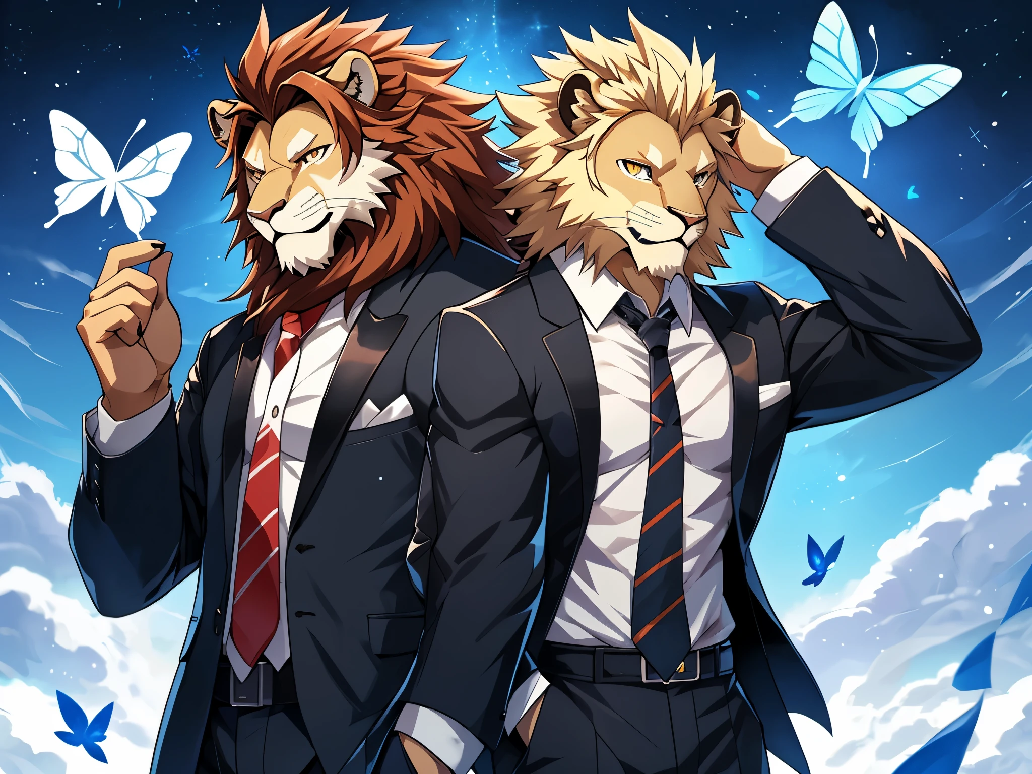 anime character with a butterfly in his hand and a suit on, from cryptid academia, commission for high res, pixiv, detailed fanart, as an anthropomorphic Lion, anthro Lion art, at pixiv, but as an anthropomorphic Lion, koda kazuma, top rated on pixiv, pixiv contest winner