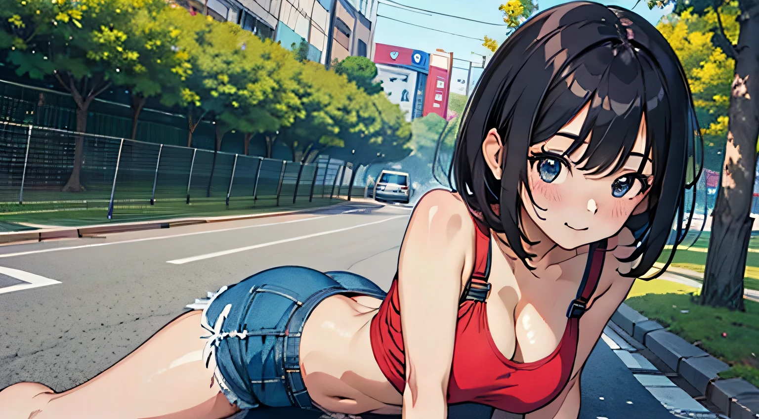 4K, A high resolution, Best quality at best, masterpiece, perfect colors, perfect shadow, perfect litthing, ((sportrait)), Anime girl sitting in car with hand on chin, Anime visuals of cute girls, Seductive Anime Girl, charming anime girls, anime styled, High quality anime art style, Beautiful anime girl, young anime girl, Anime Girl, Anime Girl with Long Hair, tight crop top, big breast, half breast open, background is Tokyo city 80s, an anime girl, Cute anime girl, face closeup