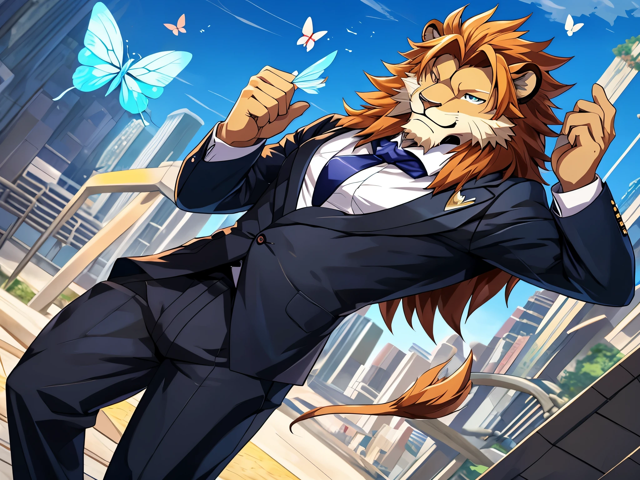 anime character with a butterfly in his hand and a suit on, from cryptid academia, commission for high res, pixiv, detailed fanart, as an anthropomorphic Lion, anthro Lion art, at pixiv, but as an anthropomorphic Lion, koda kazuma, top rated on pixiv, pixiv contest winner