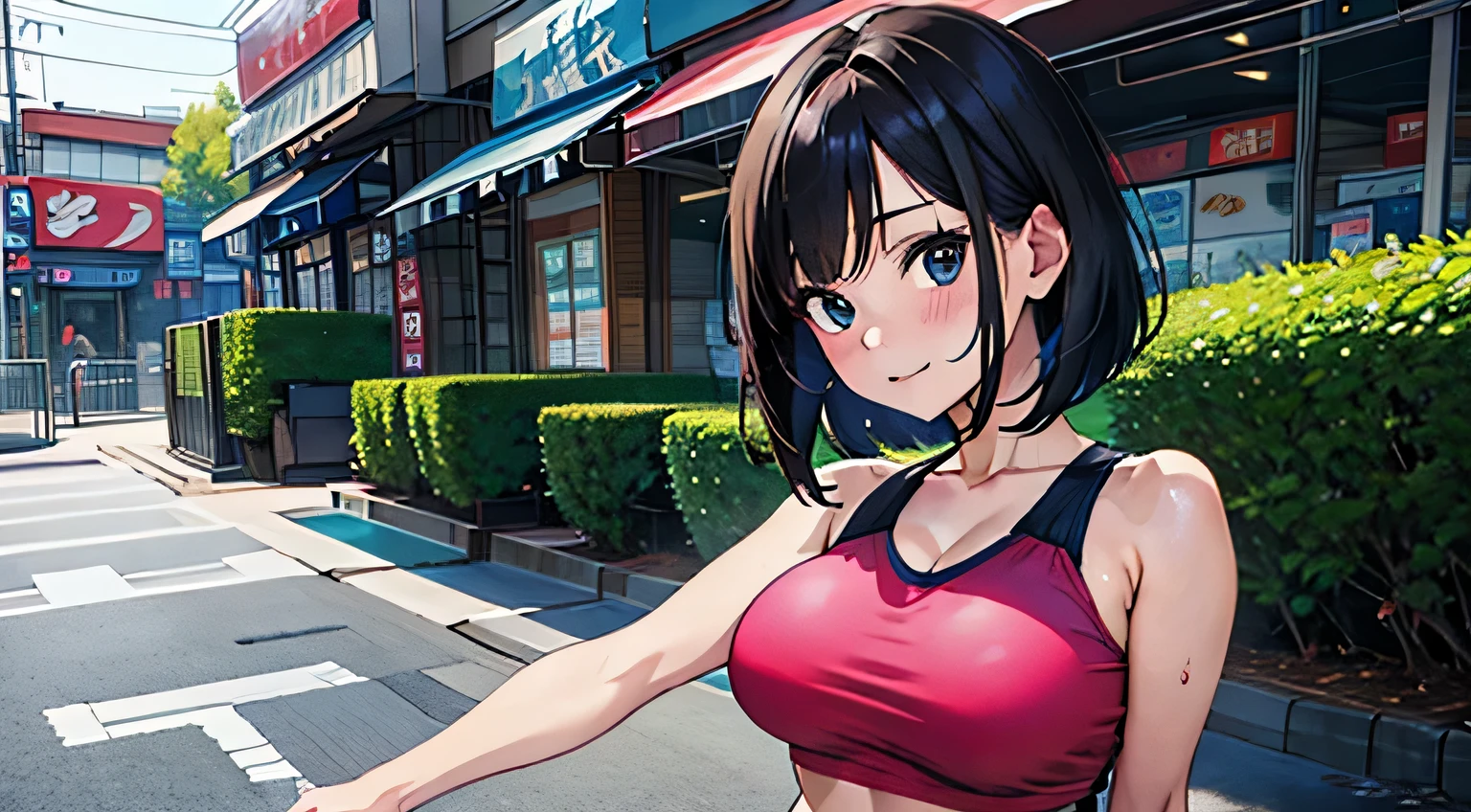 4K, A high resolution, Best quality at best, masterpiece, perfect colors, perfect shadow, perfect litthing, ((sportrait)), Anime girl sitting in car with hand on chin, Anime visuals of cute girls, Seductive Anime Girl, charming anime girls, anime styled, High quality anime art style, Beautiful anime girl, young anime girl, Anime Girl, Anime Girl with Long Hair, tight crop top, big breast, half breast open, background is Tokyo city 80s,  an anime girl, Cute anime girl, face closeup