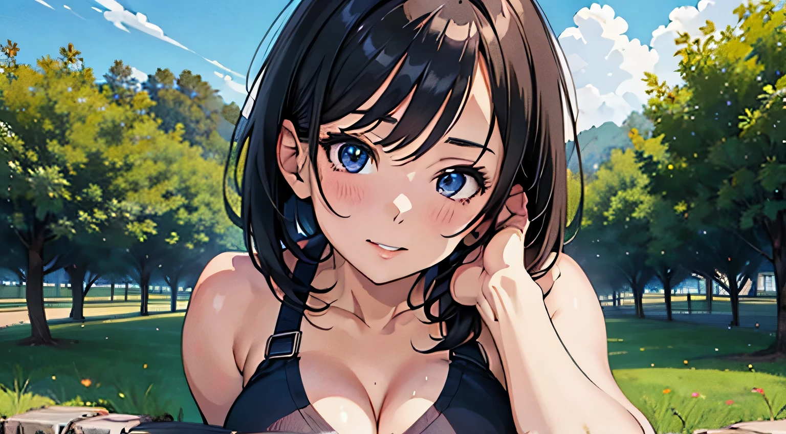 4K, A high resolution, Best quality at best, masterpiece, perfect colors, perfect shadow, perfect litthing, ((sportrait)), Anime girl sitting in car with hand on chin, Anime visuals of cute girls, Seductive Anime Girl, charming anime girls, anime styled, High quality anime art style, Beautiful anime girl, young anime girl, Anime Girl, Anime Girl with Long Hair, tight crop top, big breast, half breast open, background is Tokyo city 80s, an anime girl, Cute anime girl, face closeup
