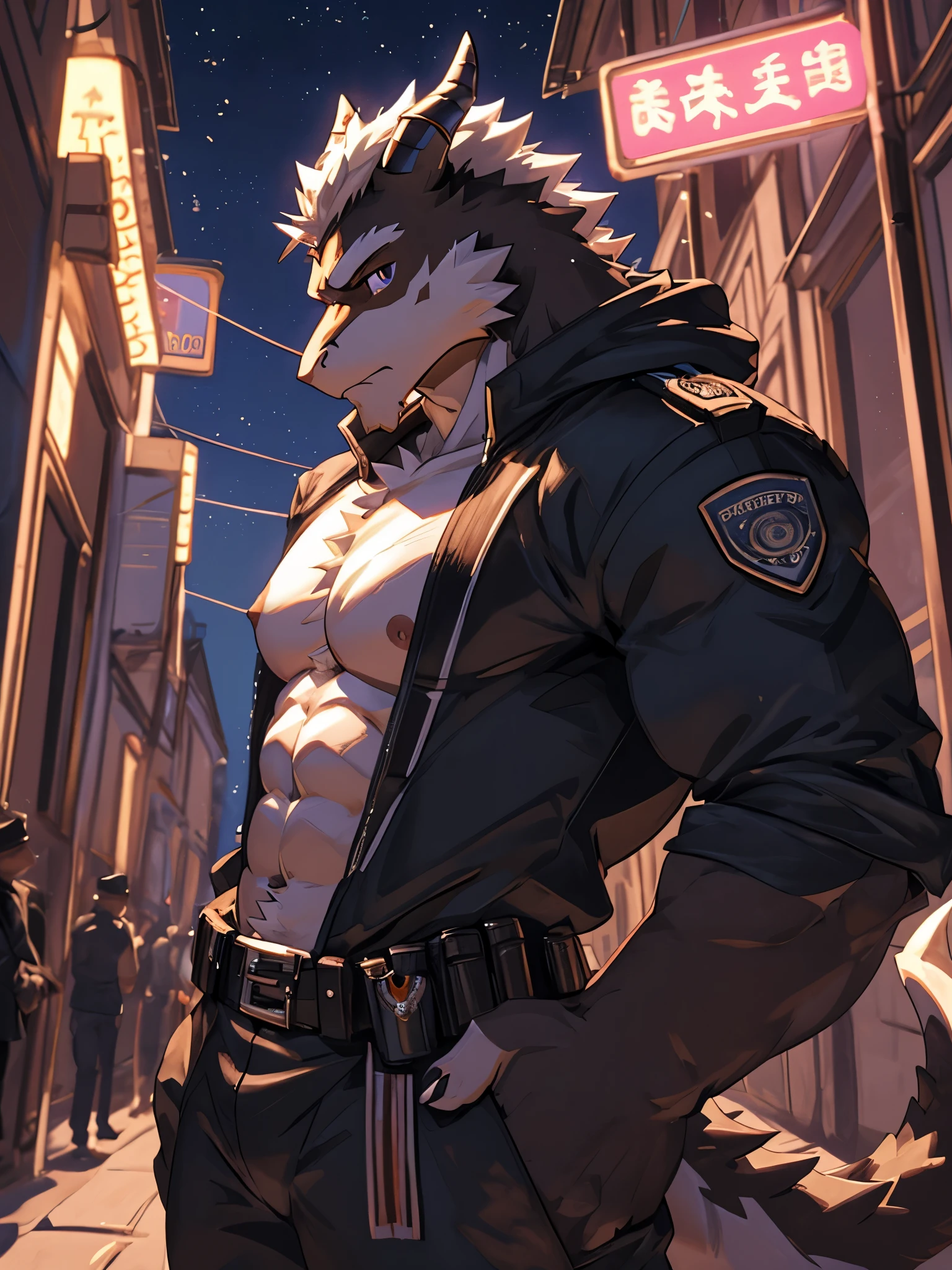 (furry art,Uploaded on e621:1.4),(tmasterpiece:1.3),(best qualtiy:1.2),(2D:1.0),(anime big breast:1.0),(illustratio:1.0),(sharp:1.2),(light_environment),(城市),(Pubic area is clear,shiny:0.8),(Impasto:1.1),(ultra - detailed:1.0)(1boys,Solo exhibition),black in color,(Human furry:1.6),(anthro_male_wolf:1.2),(Black fur:1.6),jaket,long trousers