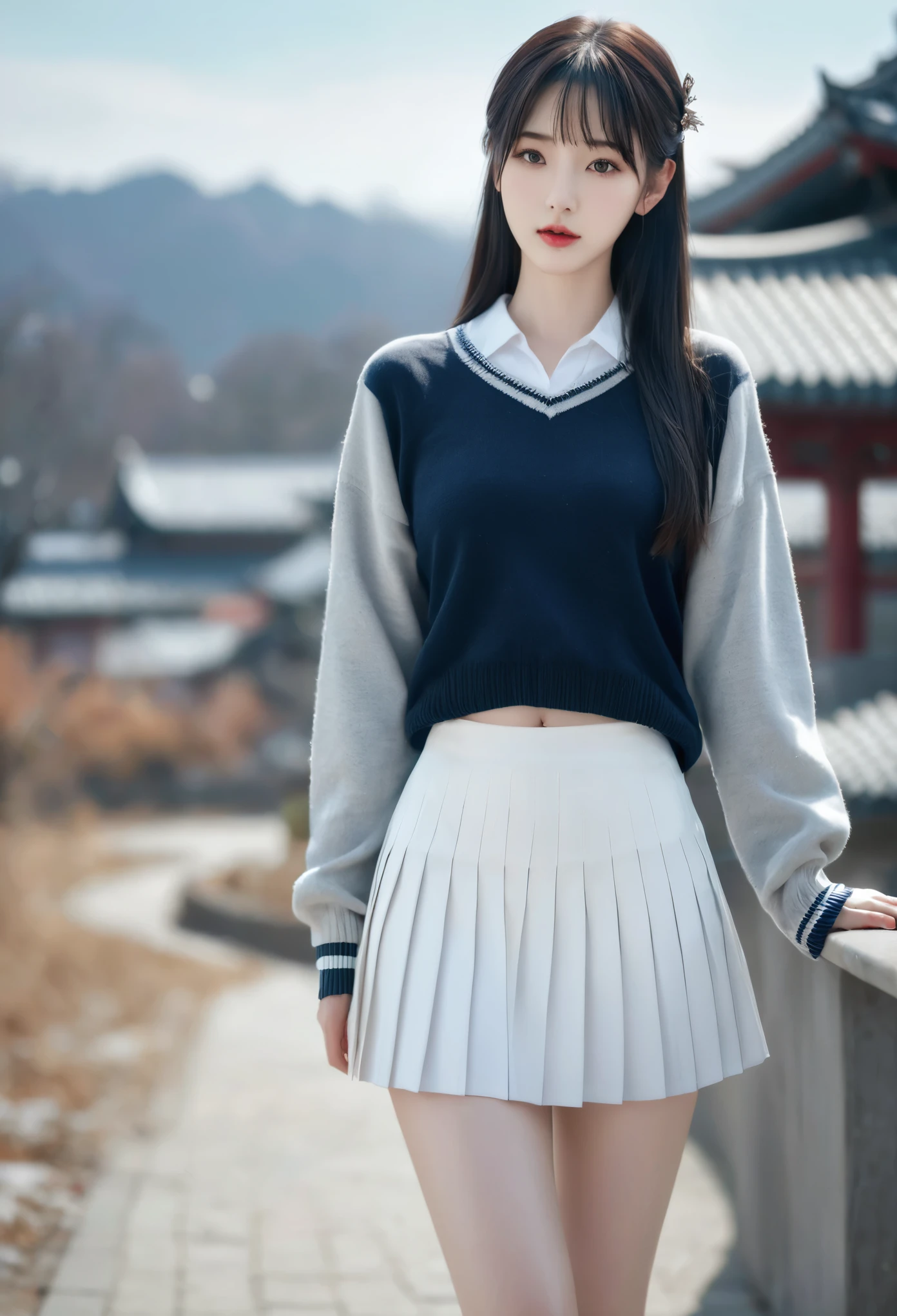 NH,1 girl,alone,skirt,have,black hair,red headdress,sweater,Double tail,looking at the audience,outdoor,red sweater,Bangs,grey skirt,photo background,pleated skirt,sock,long hair,long sleeve,black eyes,black skirt, blurred background,blunt Bangs, 黑色shoe類,white sock,shoe,Sleeves extend beyond wrists,sky, miniskirt,loose sock,snow,(sitting:1.3),, (original photo:1.2),((lifelike:1.4))best quality,masterpiece,illustration,extremely delicate and beautiful,Very detailed,CG,Unite,8k wallpaper,Astonishing,fine details,masterpiece,best quality,official art,Very detailed CG Unite 8k wallpaper,Ridiculous,incredibly Ridiculous,File size is huge,Super detailed,high resolution,Very detailed,Beautiful and delicate girl,movie lighting,1 girl,pale skin,tall girl,(perfect body shape),thin body,Slender legs,, pale skin,very tall boy,long legs,slim legs,