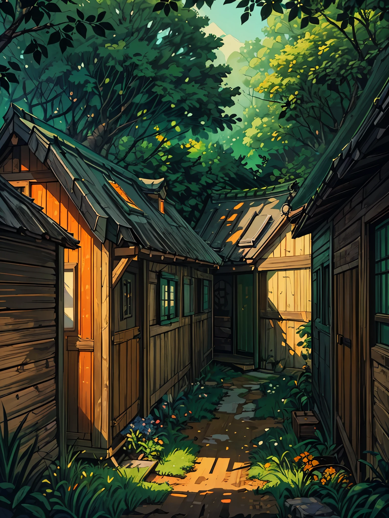 (masterpiece:1), (wide view:1.6),(a beautiful bkue colored roof hut:1.7), (greenery:1.3), (green and orange trees:1.6), (bright day time:1.65), silence, (bright sunlight falling:1.5), (wooden fencing:1.5), (soft glow light:1.4), (wooden shed:1.5), magnificent sky, (volumetric light:1.2), peaceful, (flower bushes:1.4), (aesthetically pleasing:1.5),(bright light:1.3), (muddy path:1.3), (green foliage :1.5), (shadow:1.4), (beautiful aesthetics:1.2), (faded walls:1.5), (vibrant environment :1.4) beautiful tones, subtle colors, peaceful, (illustration: 1.0), epic composition, realistic lighting, (no human:1.6), HD details, masterpiece, best quality, ,