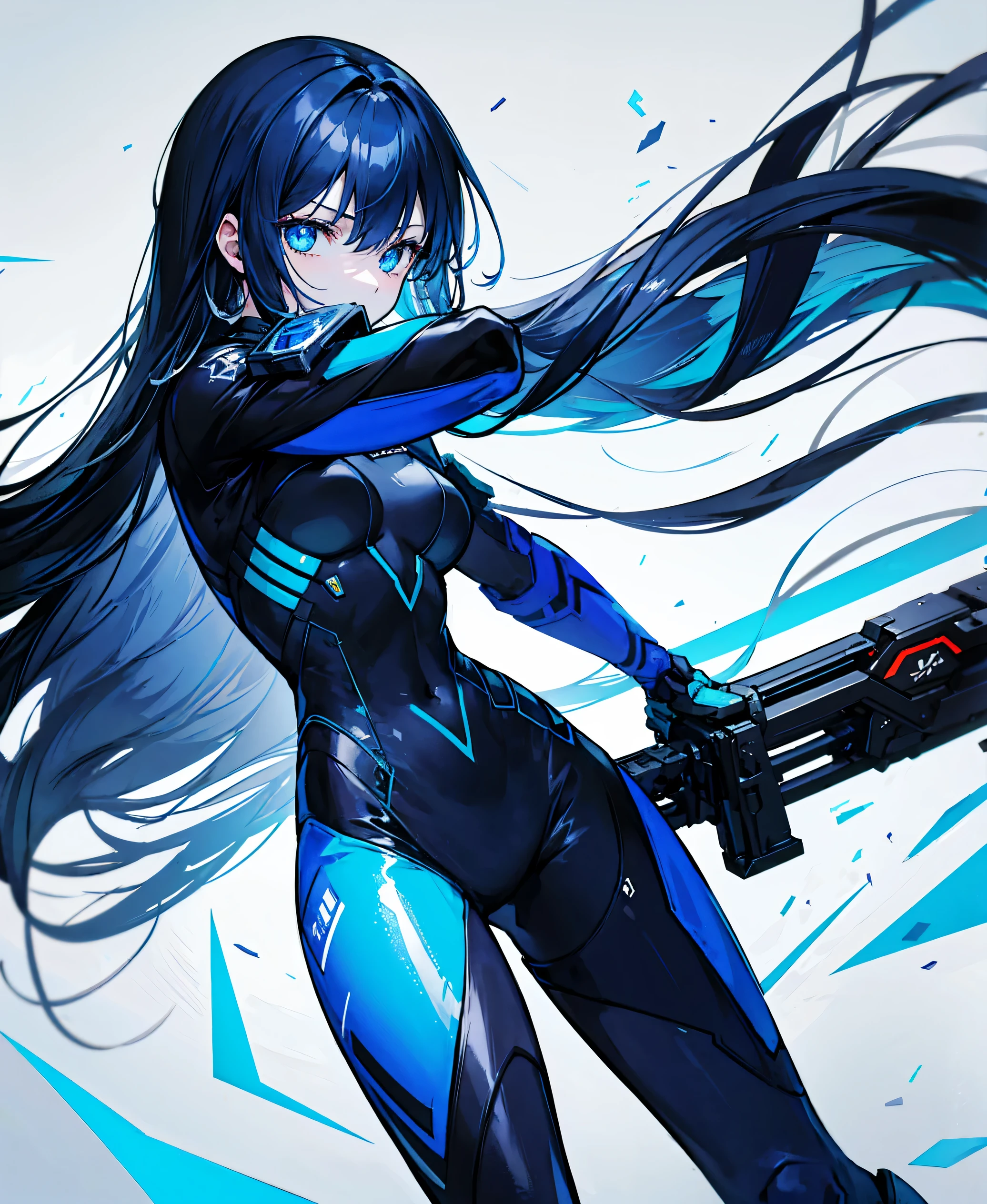 no background，girl，carry a firearm，Enamel style tight suit，use of firearms，dark blue long hair，attention arousal，blue colored eyes,no gradation