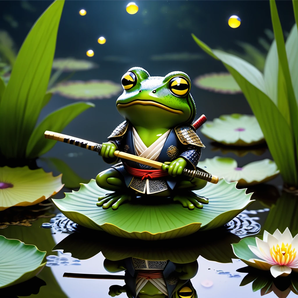 (a chibi figurine:1.4), masterpiece in maximum 16K resolution, (solo close up front view:1.4) captivating scene featuring a lone (frog (samurai) standing atop a lily pad in the middle of a serene pond and holding a bamboo sword with precision and grace). | The frog samurai (wearing an intricately designed traditional Japanese armor crafted from shimmering lotus leaves). | In the background, ((fireflies)) dance around the frog samurai, creating a magical and enchanting atmosphere. | The reflection of the moon and fireflies shimmer on the water's surface, adding to the mystical ambiance of this unique and unforgettable moment. | ((More_Detail))
