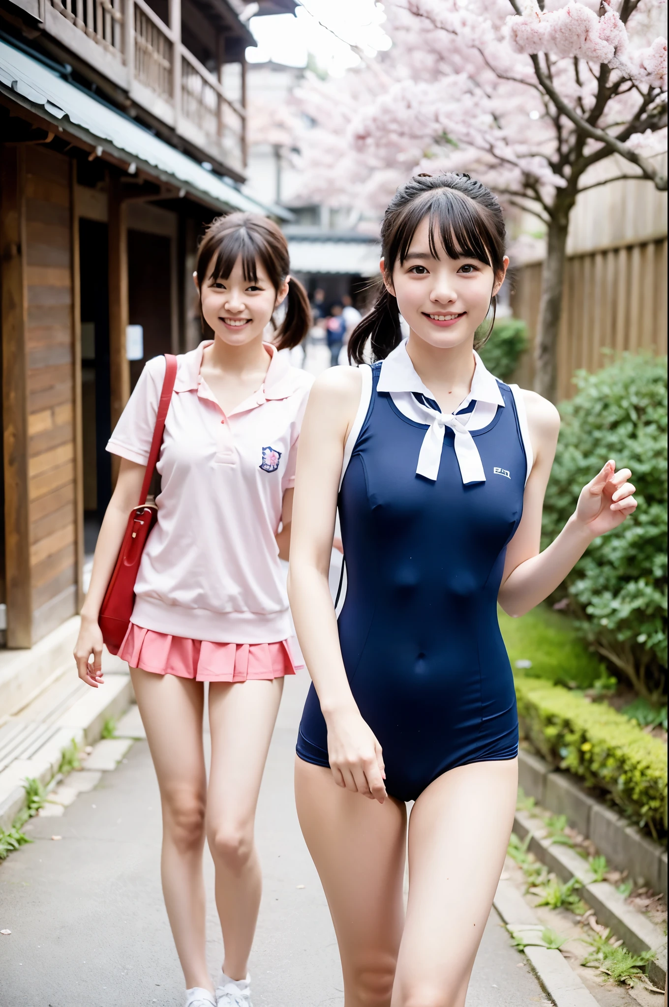 girls walking in old-Japanese street under cherry blossoms,blue school swimsuit with white trim,school bag,18-year-old,bangs,a little smile,thighs,knees,low ponytails with barrette with white bow,from below,front light
