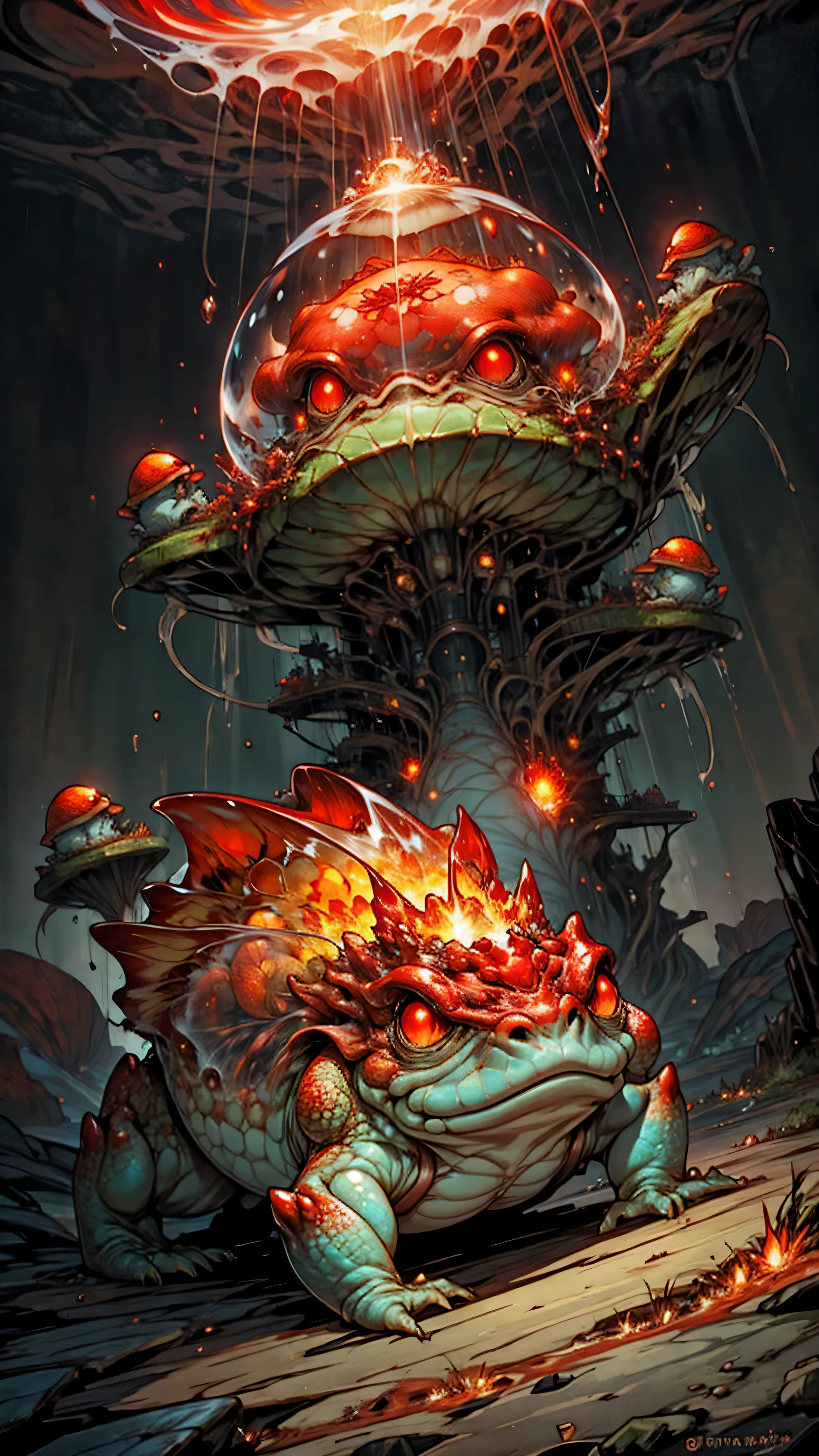 stage room，Combination of red toad and jellyfish，Fire red toad，Dynamic，HD，Ultra-clear