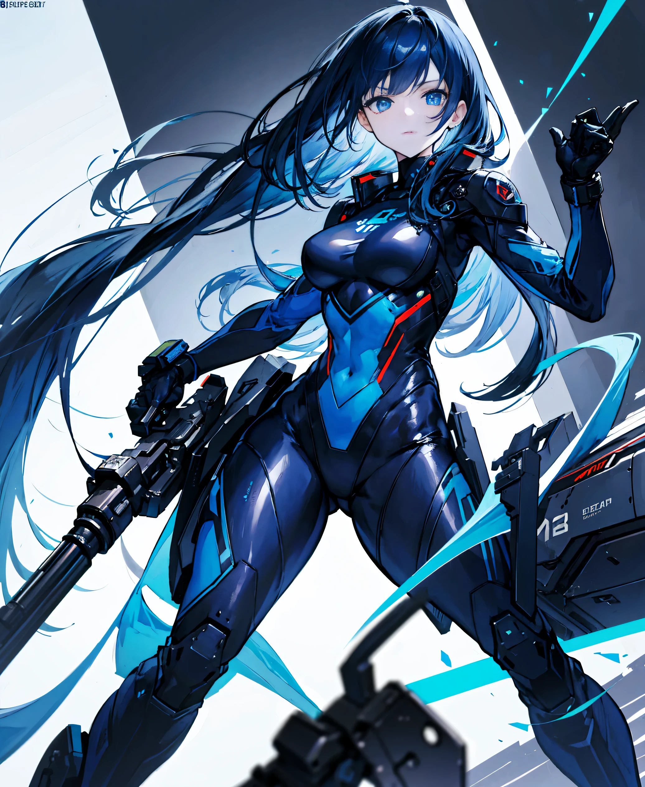 no background,girl,carry a firearm,Enamel style tight suit,use of firearms,dark blue long hair,attention arousal,blue colored eyes,no gradation