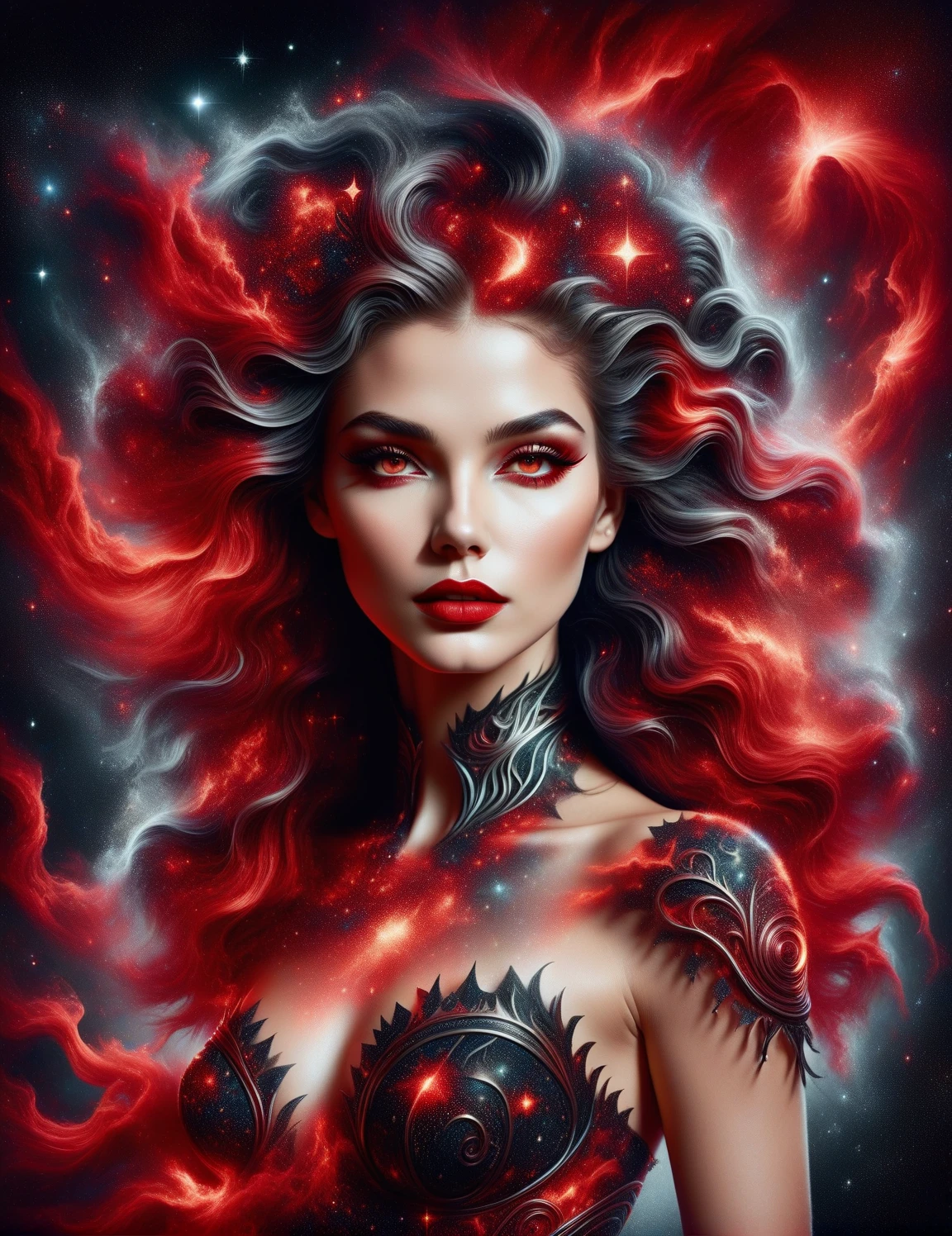 ragingnebula,high quality , dress made out of black stars, close up photo of very seductive red lips,sexy,beautiful,realistic,lifelike,studio photo,highly detailed,beautiful highly detailed eyes, dreamcore, Illustrations in the style of fantasy mythology, ultra realistic illustration, complementary colors