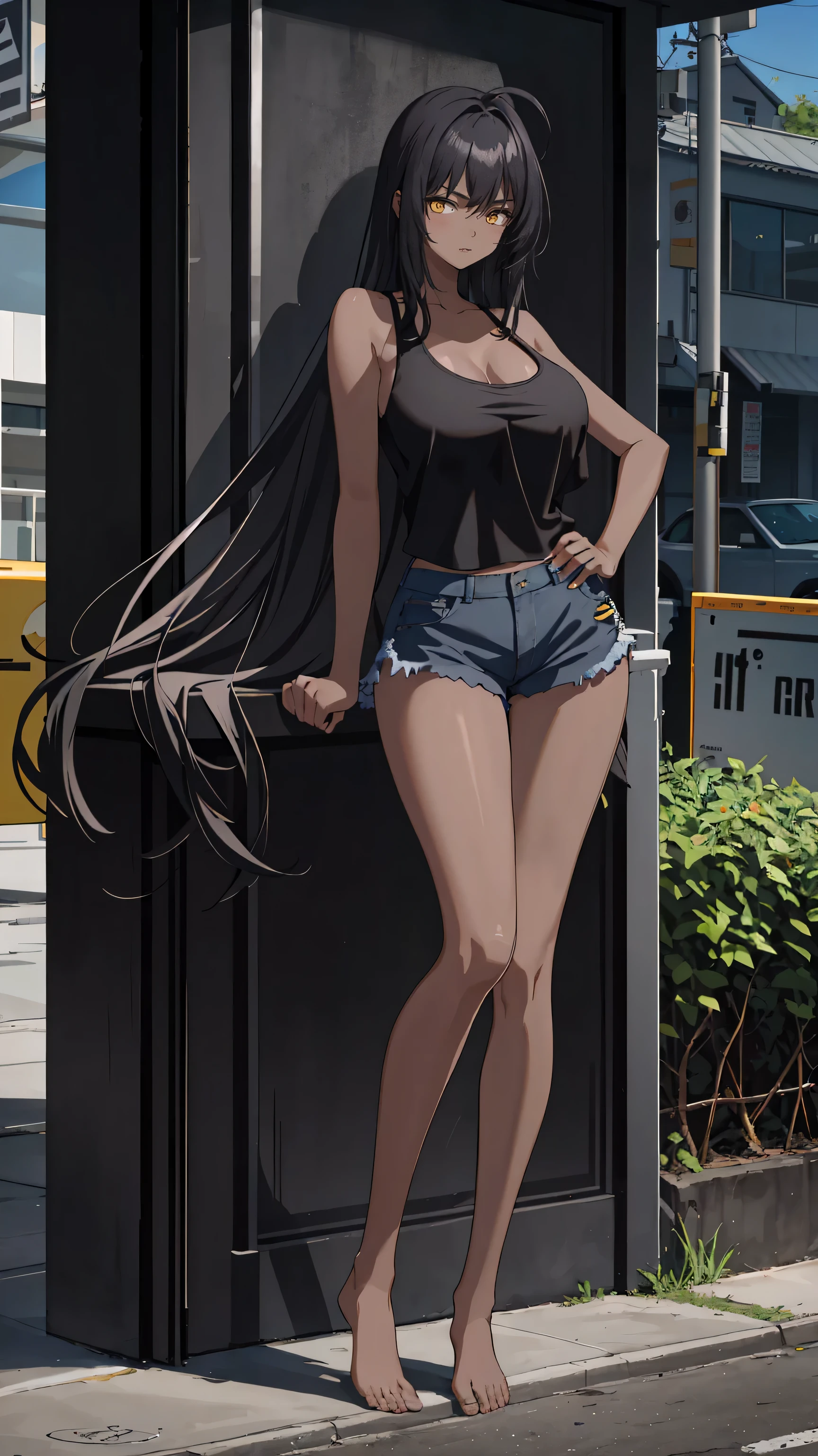 Masterpiece, best quality, high resolution, 1 woman, Karin , black skin , black hair , yellow eyes , black tank top , underwear , abdomen , big breasts, Long legs , Barefoot , stand on your hips , roadside , city