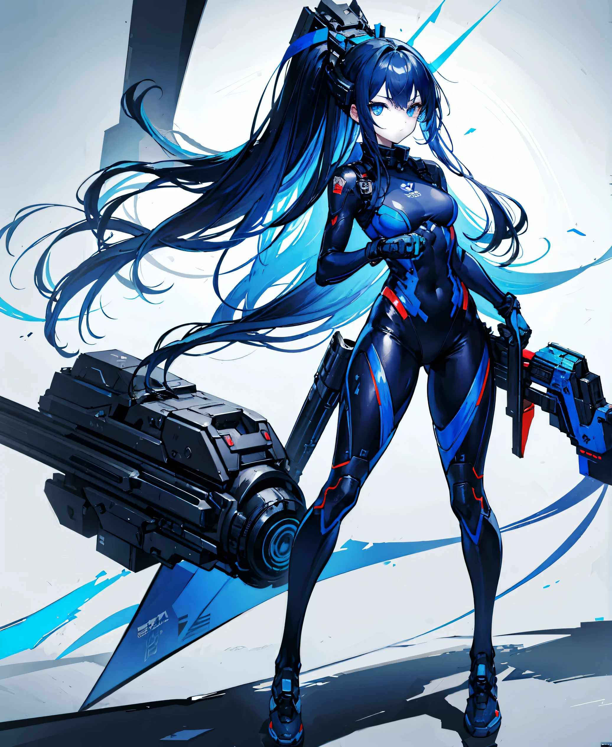 no background,girl,carry a firearm,Enamel style tight suit,use of firearms,dark blue long hair,attention arousal,blue colored eyes,no gradation