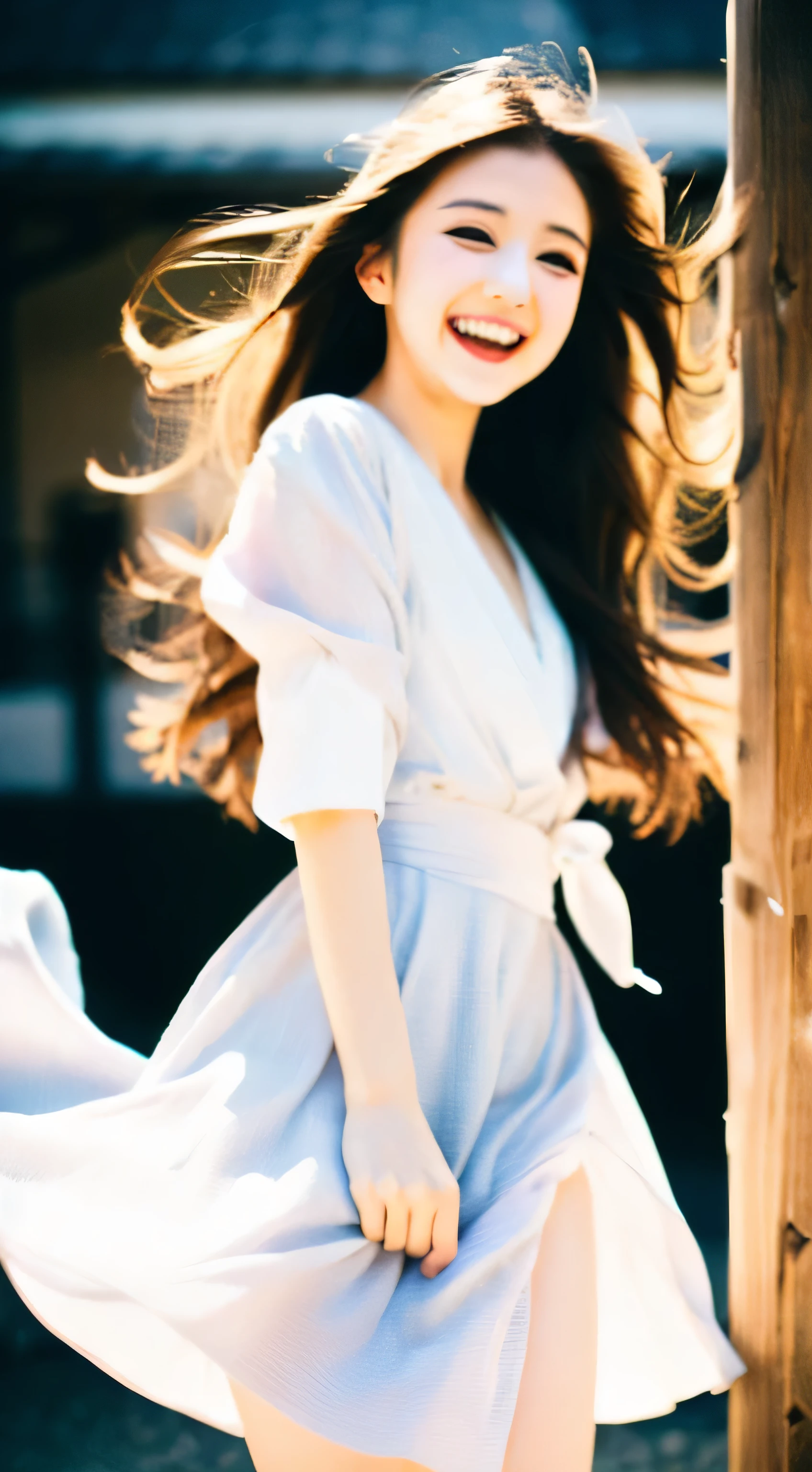 Fullbody, ((best quality)), ((ultra res)), ((photorealistic:)), (intricate details), 22 years old, blonde very very long  hair rapunzel, perfect face, make up:.  light on face, face detail, excited, full body, purple, dancing, jumping, full body, background japan