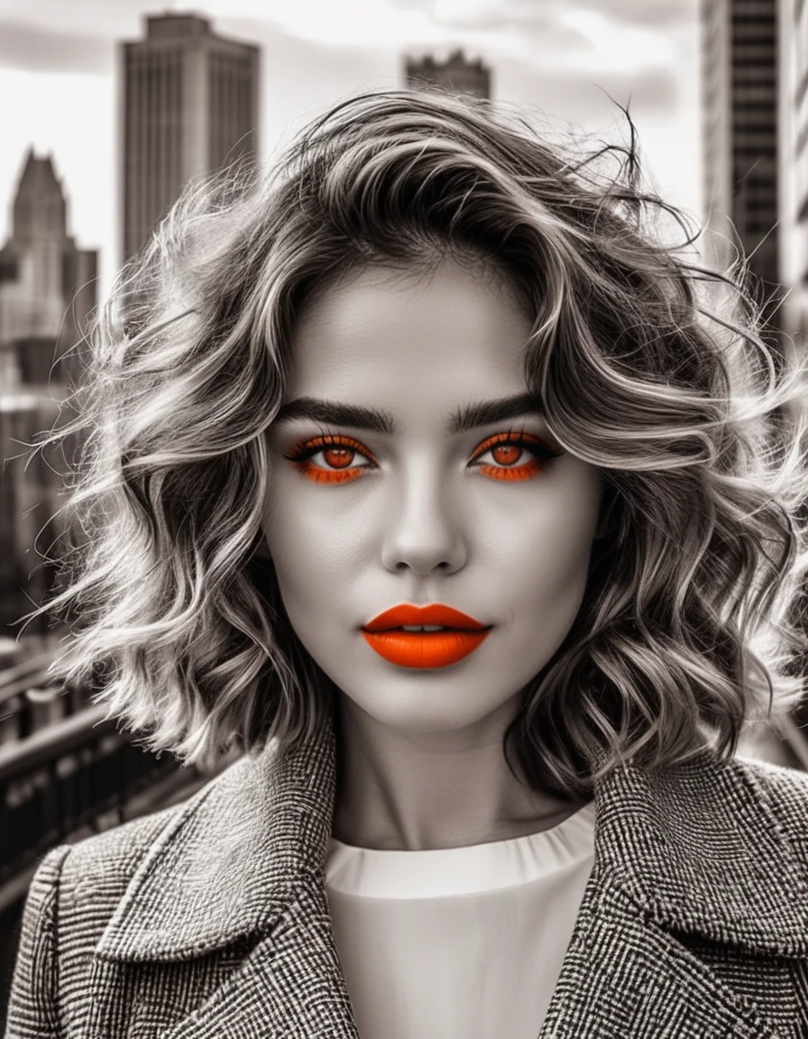 A confident woman with tousled waves and a soft red lip color, orange eyes color, posing before a monochrome cityscape backdrop, enhanced by fractal details.