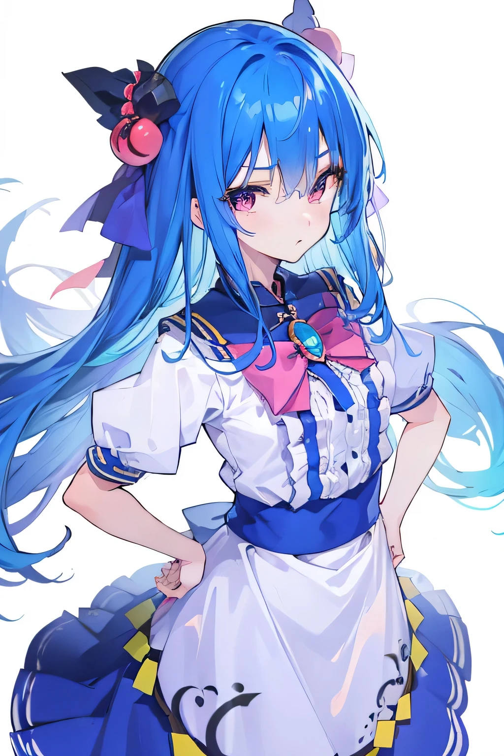 (masterpiece),best quality, expressive eyes, perfect face, 1girl,
 Put your hands on your waist,Fair, Gorgeous,japanese manga,girl,Laura,young angel, blue hair, blue haired, floating clothes,grab your waist, grab your waist, hands on hips , hands on hips,flat chest