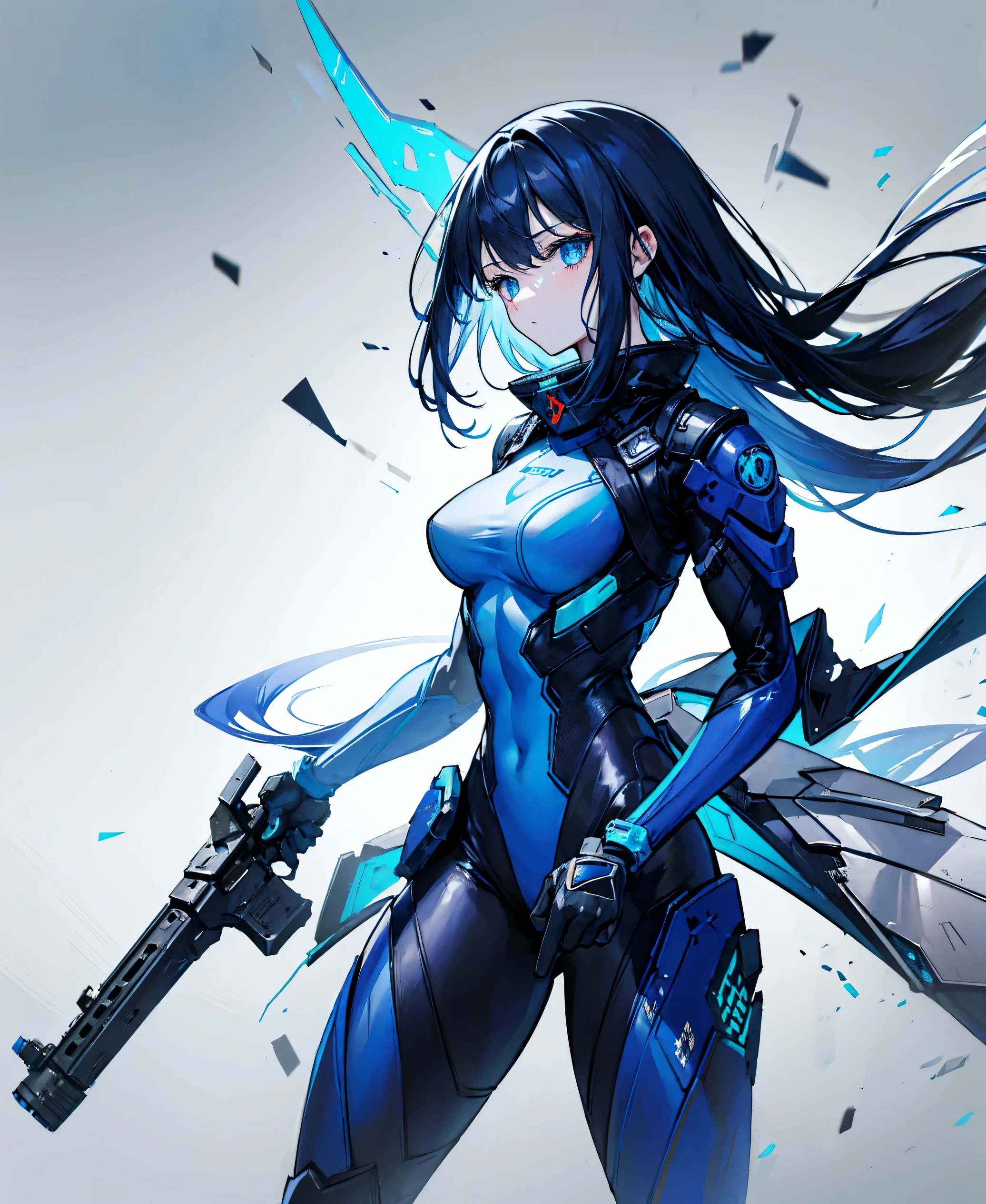 no background,girl,carry a firearm,Enamel style tight suit,use of firearms,dark blue long hair,attention arousal,blue colored eyes,no gradation